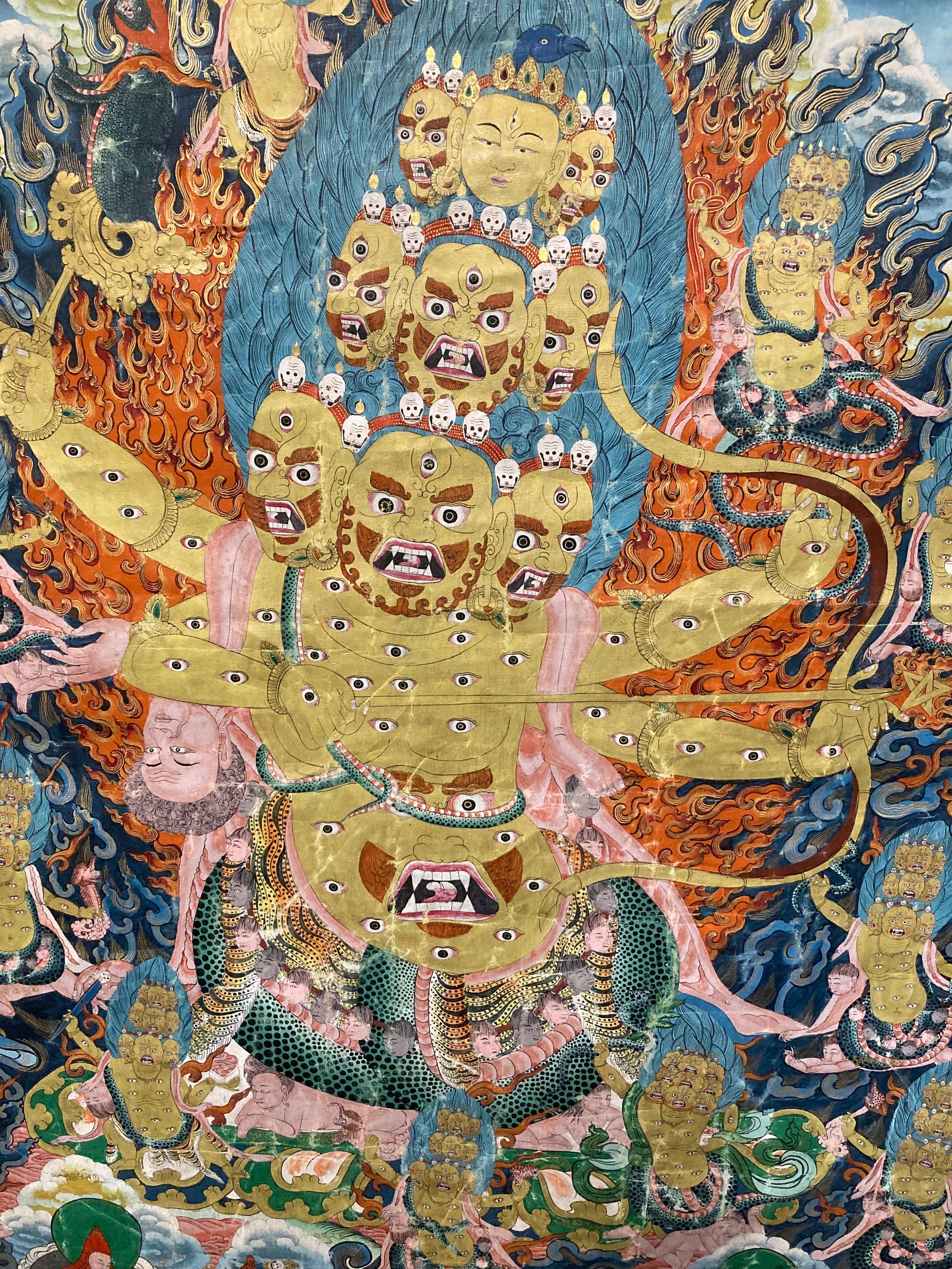Tibetan Antique Dharma Protector Dharmapala Thangka Tapestry, 1920s For Sale