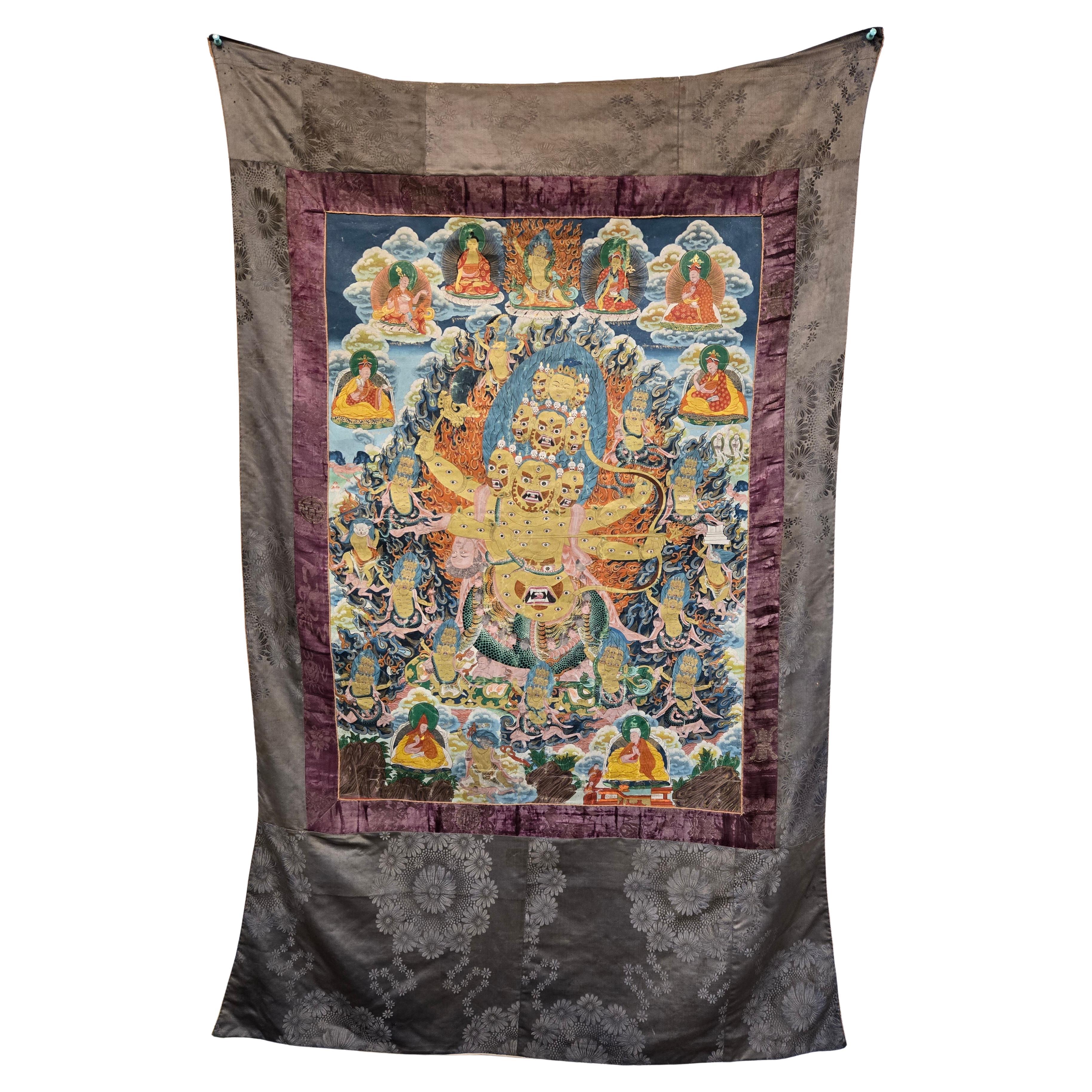 Antique Dharma Protector Dharmapala Thangka Tapestry, 1920s For Sale