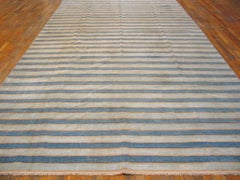 1940s Blue Stripe Antique Dhurrie Indian Rug 7'8" x 15'6" Flatweave Wool Carpet