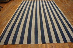 1920s BlueWhite Stripe Antique Dhurrie Indian Rug 8'6"x13'2" Cotton Carpet Woven