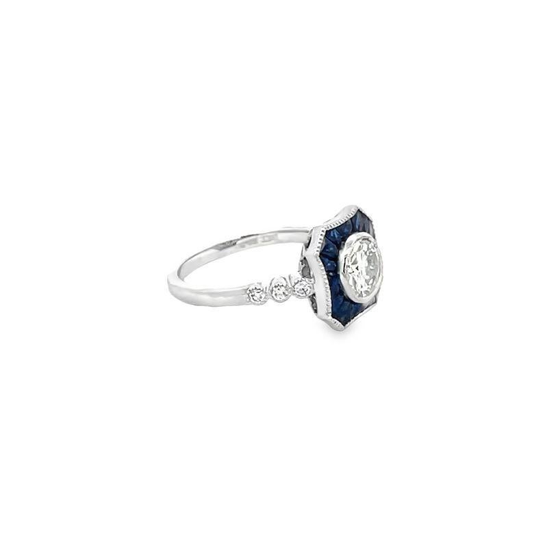 Art Deco Antique Diamond 0.98 CT & Blue Sapphire 1.05 CT Ring in 18K White Gold  For Sale