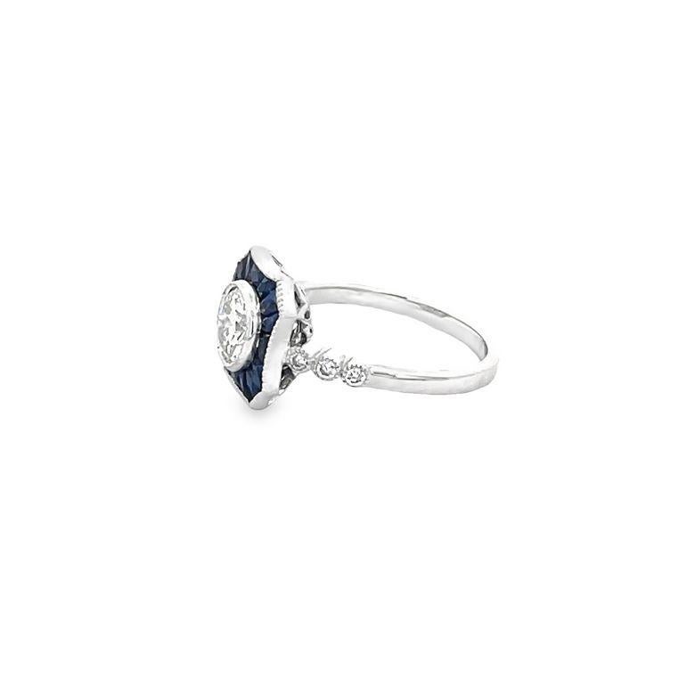 Brilliant Cut Antique Diamond 0.98 CT & Blue Sapphire 1.05 CT Ring in 18K White Gold  For Sale