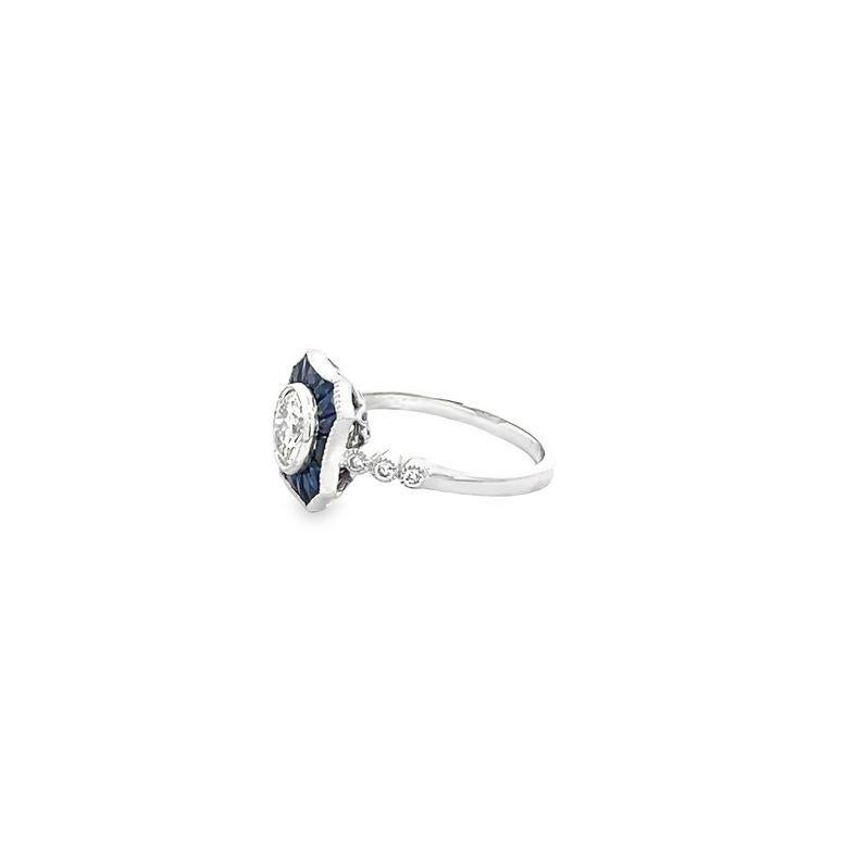 Bague ancienne en or blanc 18 carats, diamant 0,98 carat et saphir bleu 1,05 carat Neuf - En vente à New York, NY