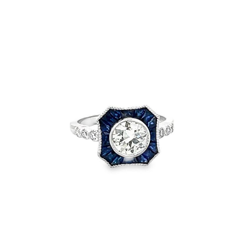 Women's Antique Diamond 0.98 CT & Blue Sapphire 1.05 CT Ring in 18K White Gold  For Sale