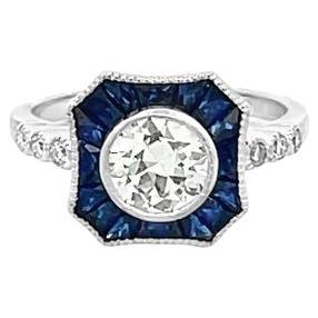 Antique Diamond 0.98 CT & Blue Sapphire 1.05 CT Ring in 18K White Gold  For Sale