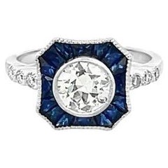 Antique Diamond 0.98 CT & Blue Sapphire 1.05 CT Ring in 18K White Gold 