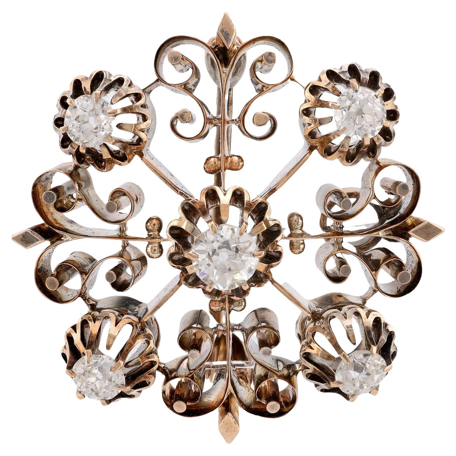 Broche ancienne en or rose 14 carats et argent
