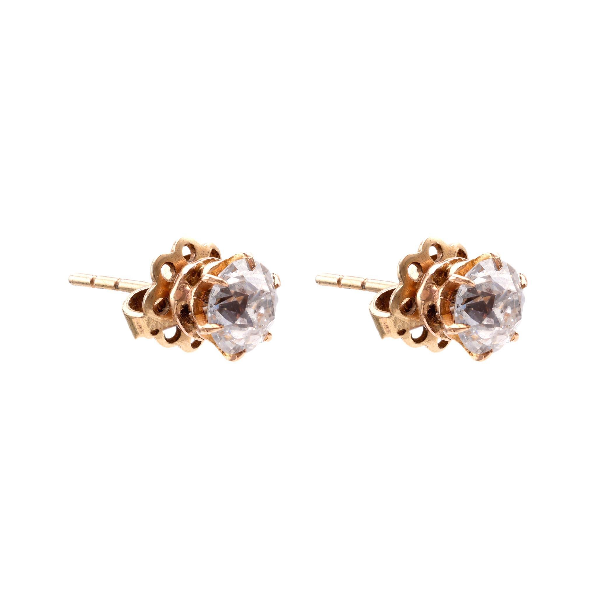 Old European Cut Antique Diamond 14K Rose Gold Stud Earrings For Sale