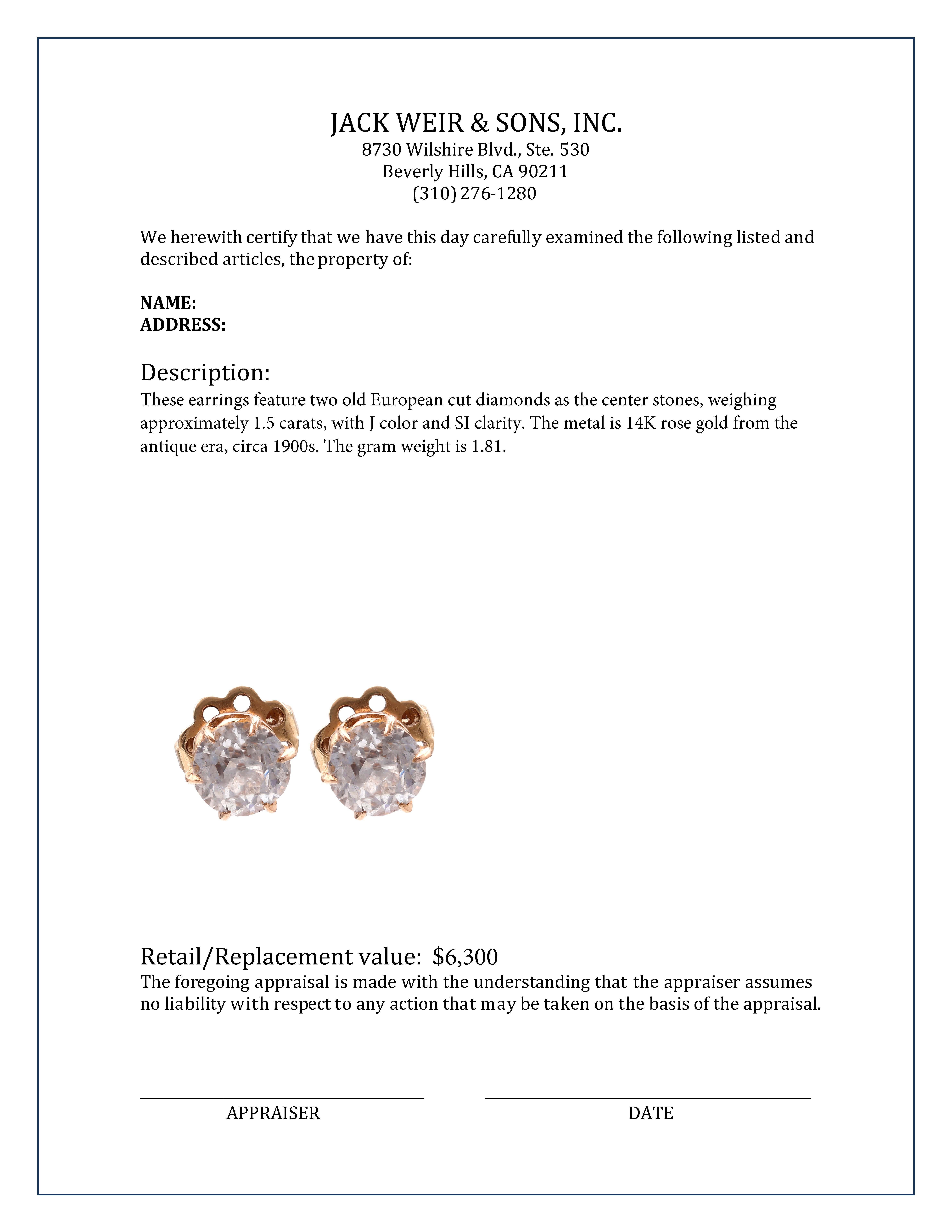 Antique Diamond 14K Rose Gold Stud Earrings In Excellent Condition For Sale In Beverly Hills, CA