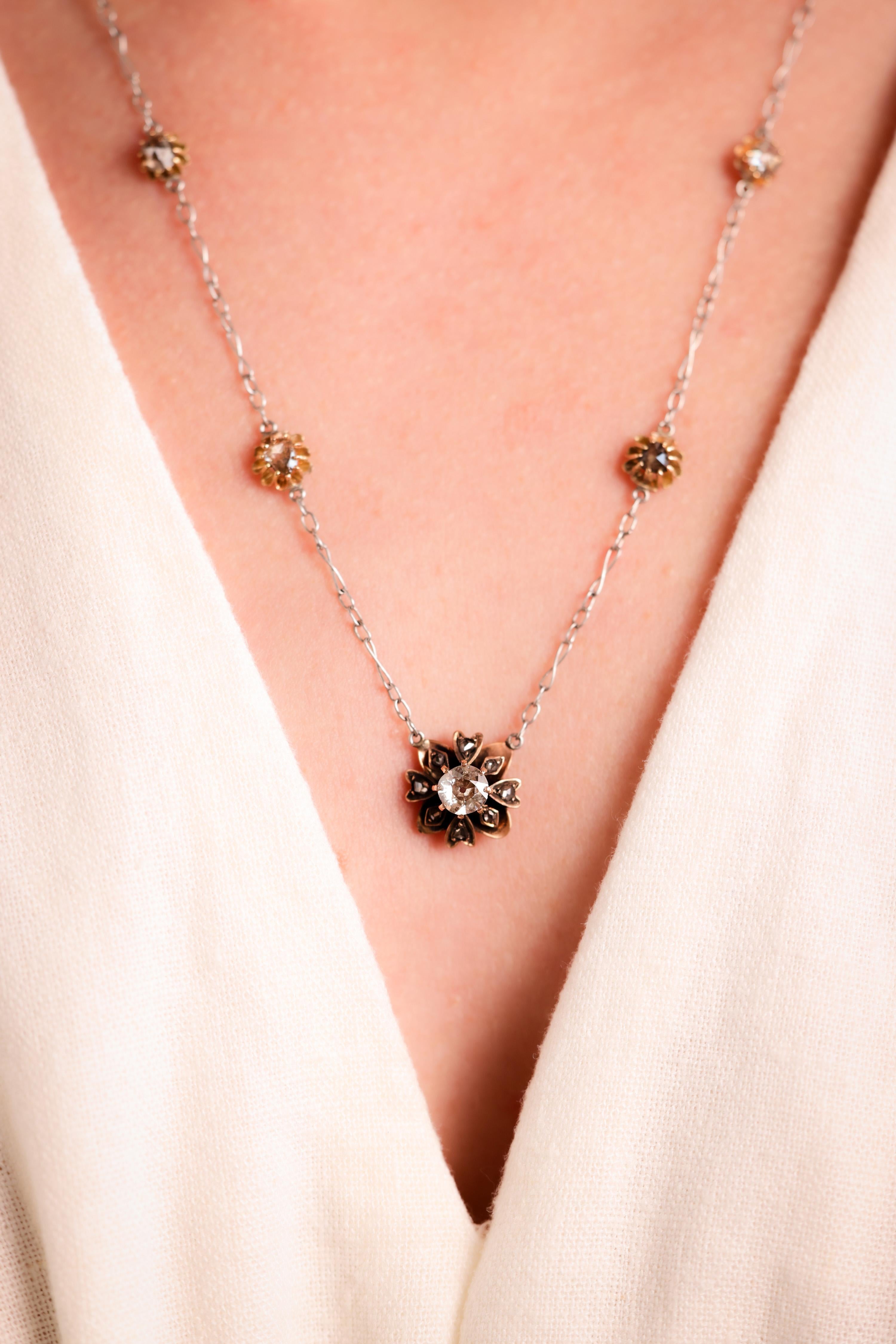 Center Stone: 7 Diamonds
Cut: Old Mine, Rose
Weight: Approximately 1 Carats
Color: K
Clarity: I
Metal: 14K Yellow and White Gold
Era: Antique
Circa: 1890s
Hallmarks: 585 Purity Marks
Size: 20 inches long
Gram weight: 5.46

Product Description:
This