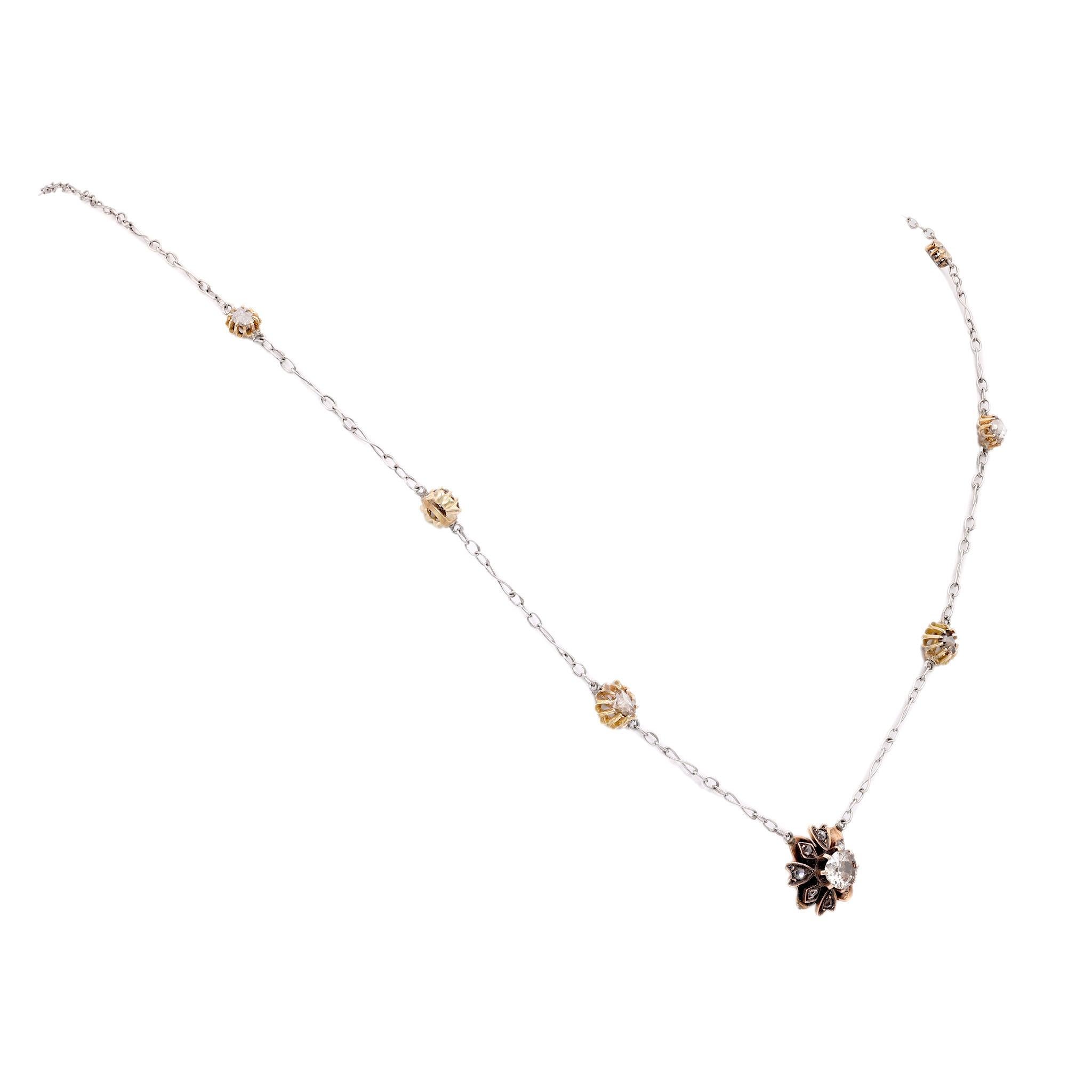 Rose Cut Antique Diamond 14K White Yellow Gold Flower Necklace For Sale