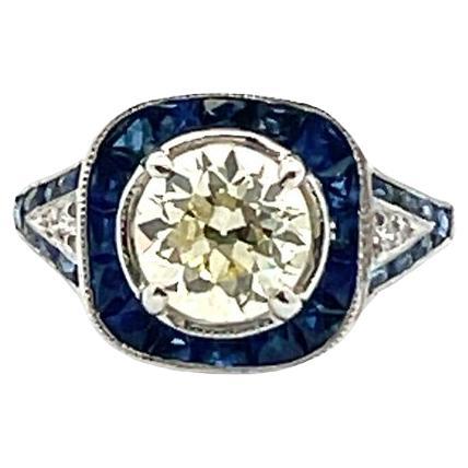 Bague ancienne en platine avec diamants de 1,50 carat et saphir bleu de 2,00 carats