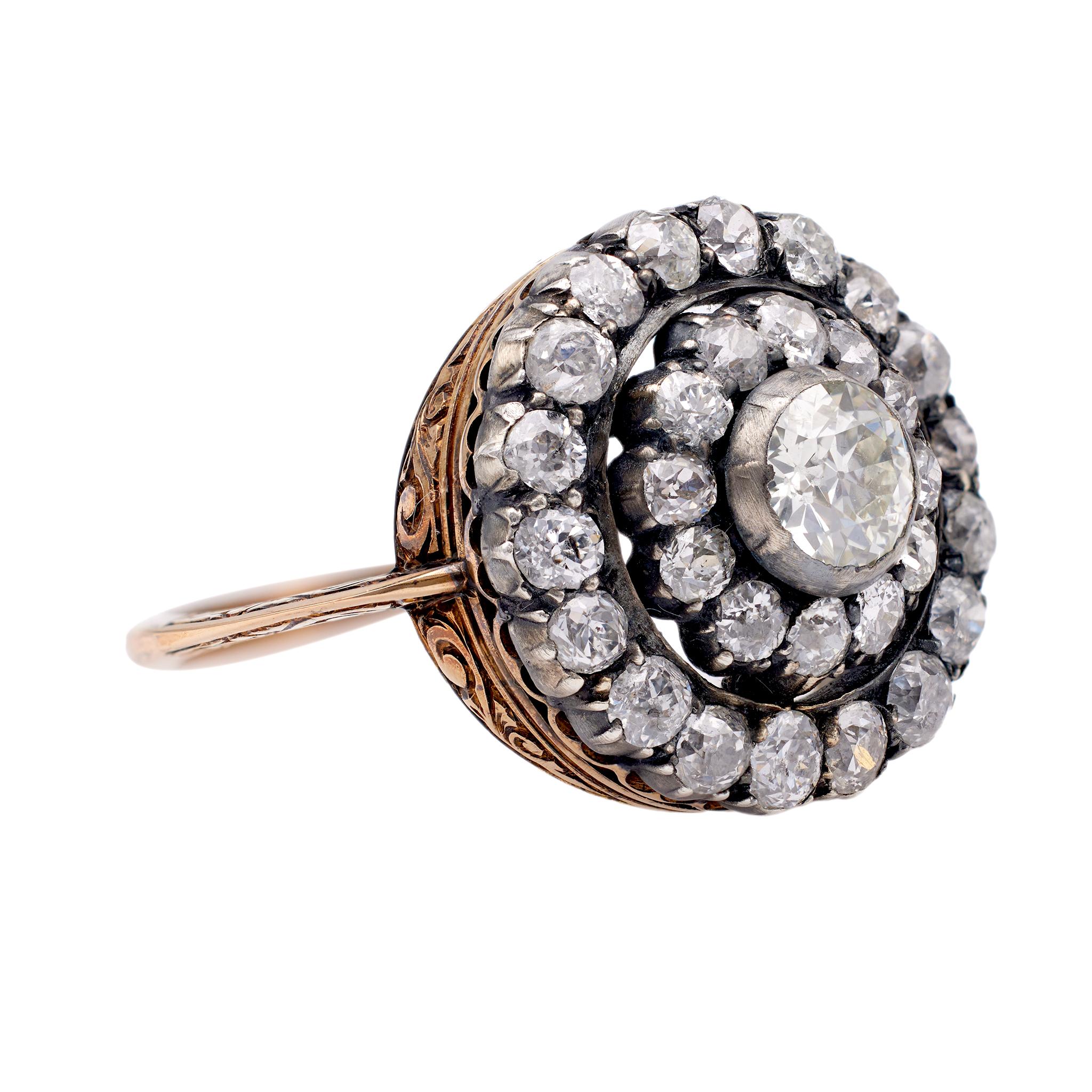 Antiker Diamant-Doppel-Halo-Ring aus 18 Karat Gold und Silber für Damen oder Herren im Angebot