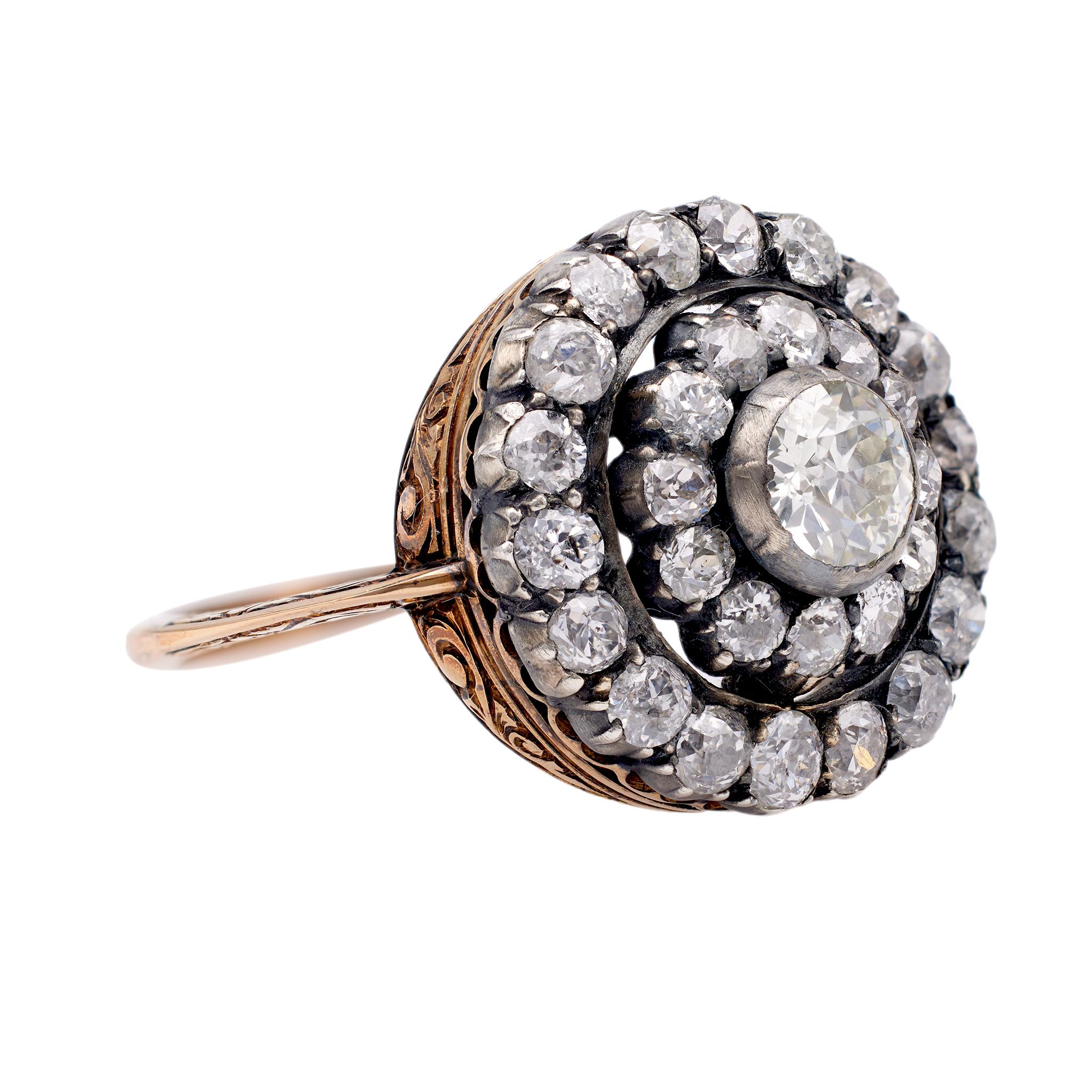 Antiker Diamant-Doppel-Halo-Ring aus 18 Karat Gold und Silber für Damen oder Herren