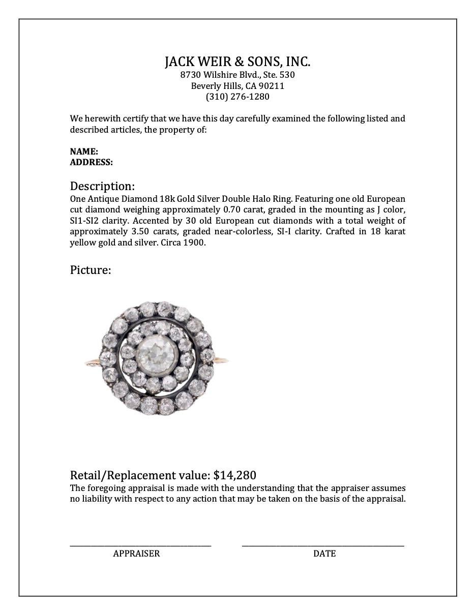 Antiker Diamant-Doppel-Halo-Ring aus 18 Karat Gold und Silber im Angebot 1