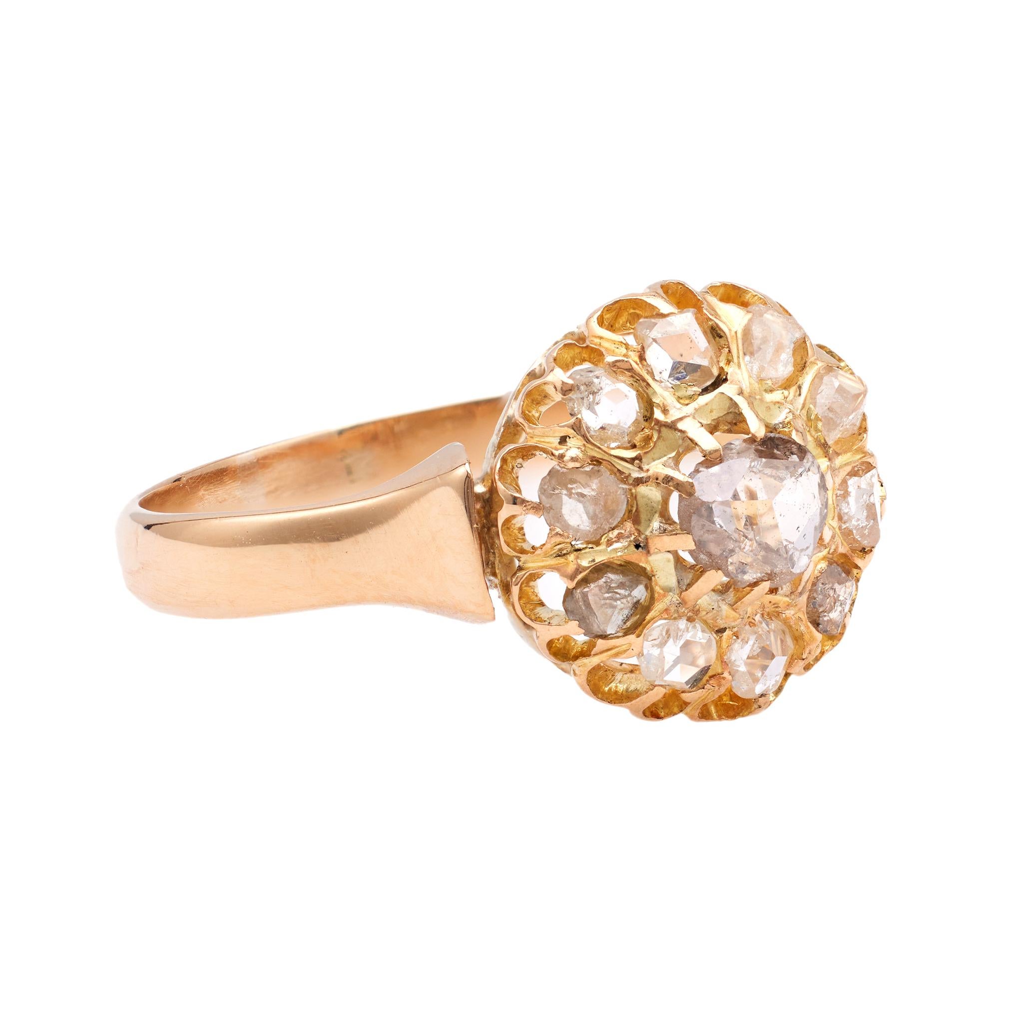 Women's or Men's Antique Diamond 18k Rose Gold Cluster Ring