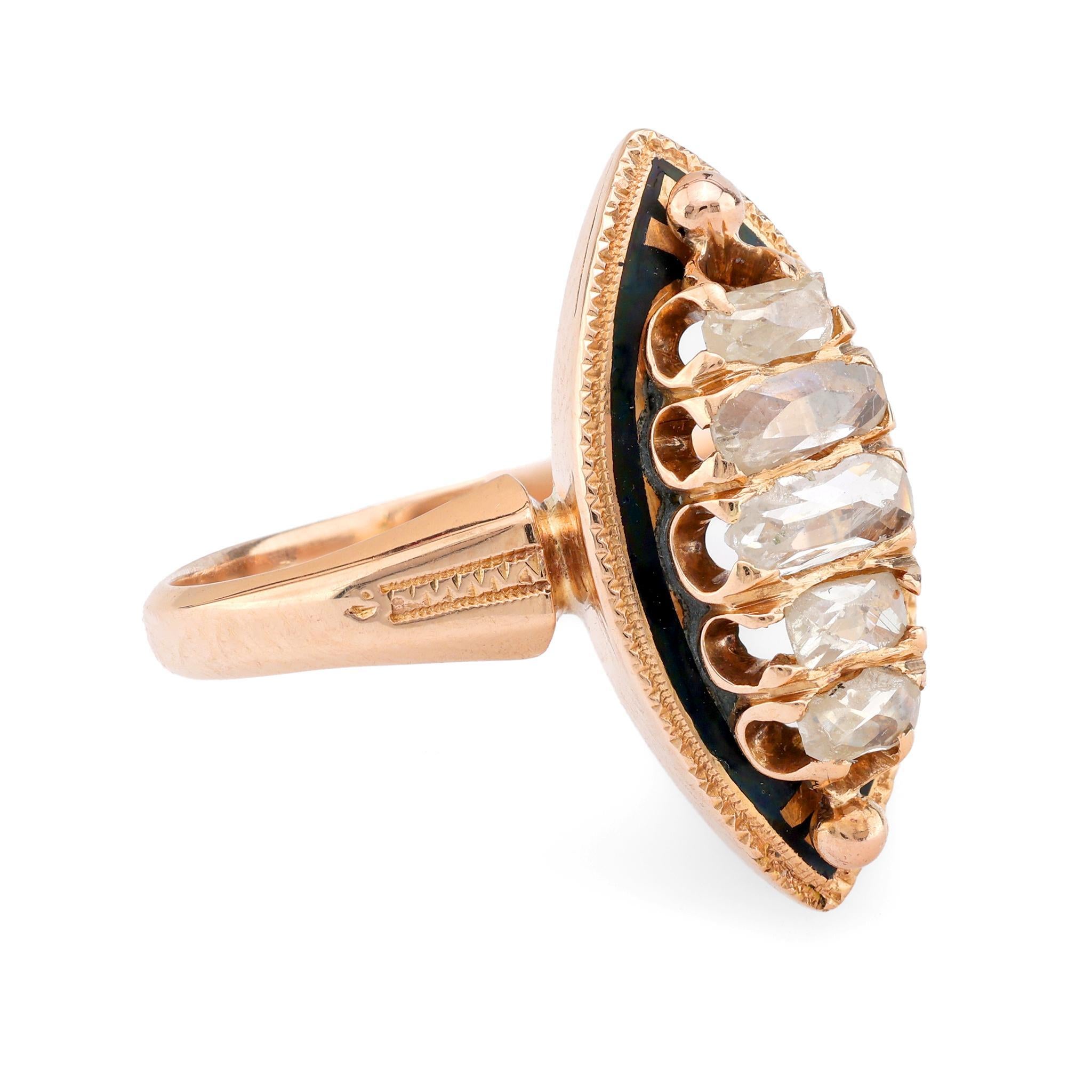 Victorian Antique diamond 18k rose gold enamel Navette ring For Sale