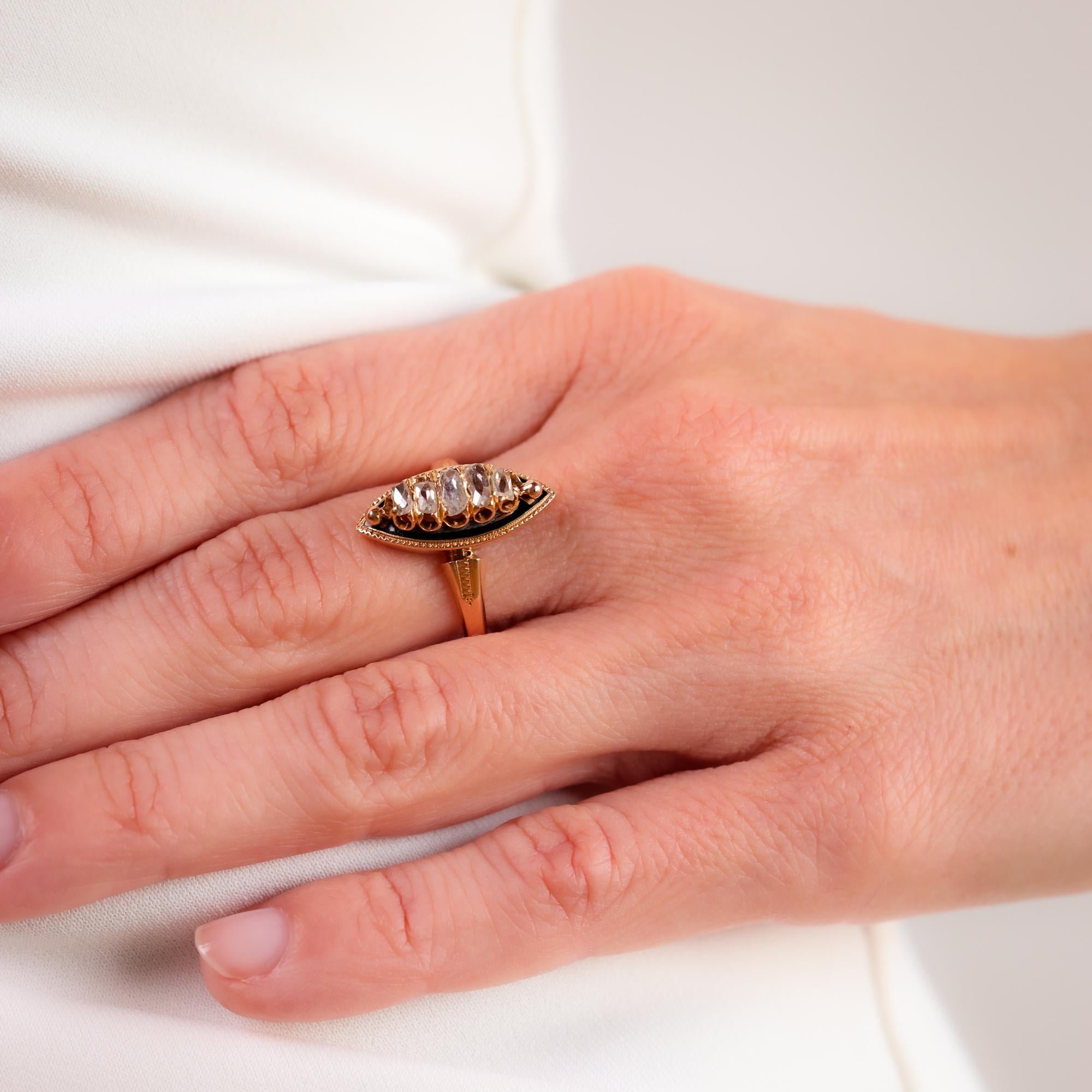 Antique Cushion Cut Antique diamond 18k rose gold enamel Navette ring For Sale
