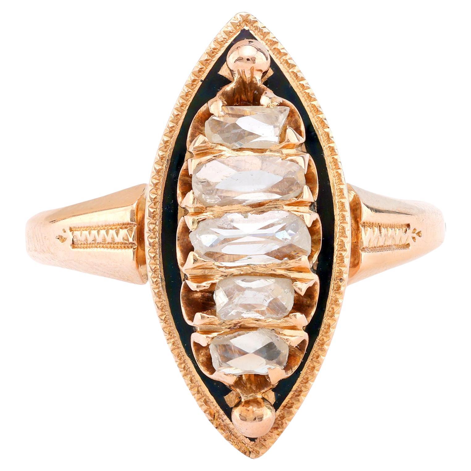 Antique diamond 18k rose gold enamel Navette ring