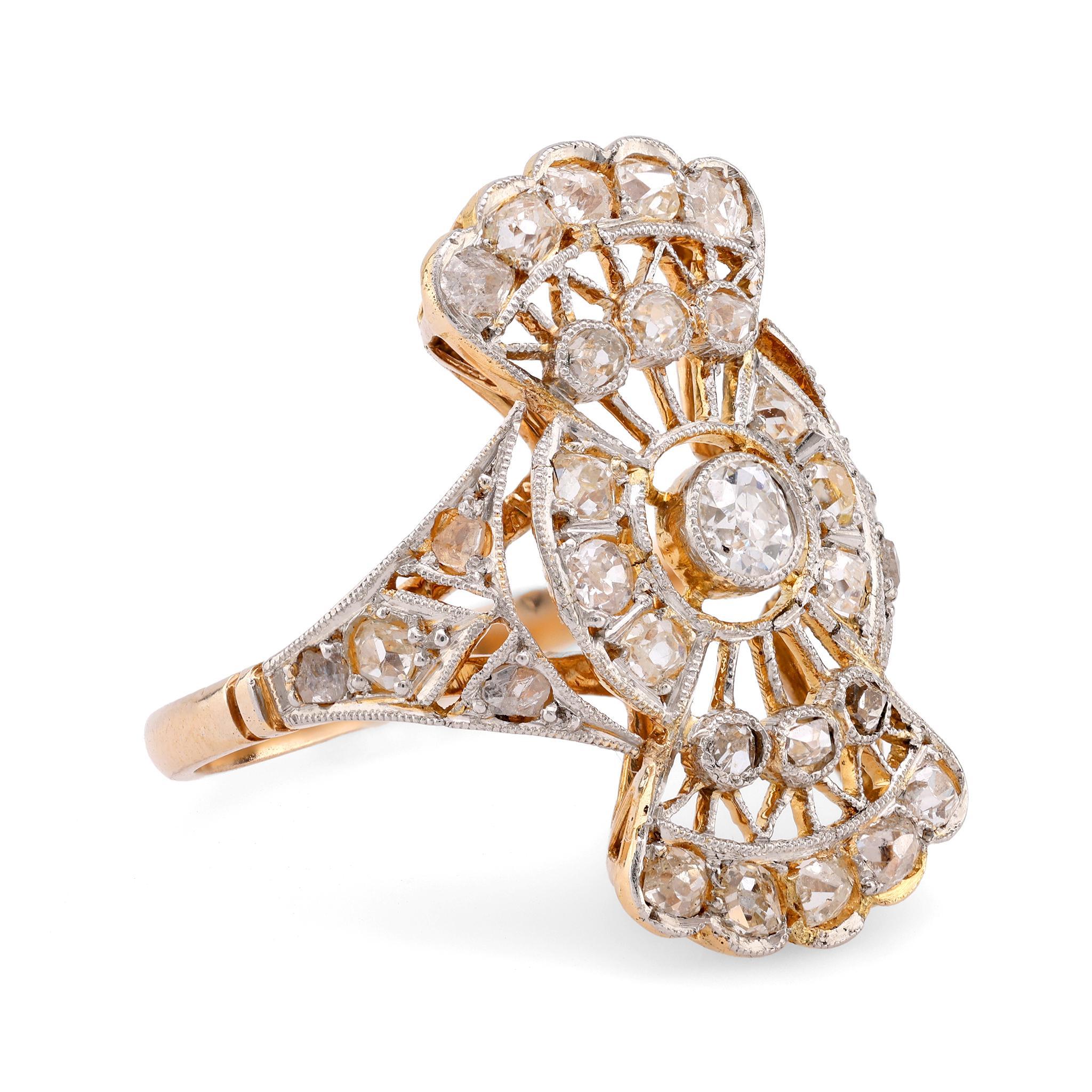 Victorian Antique Diamond 18K Yellow and White Gold Filigree Ring