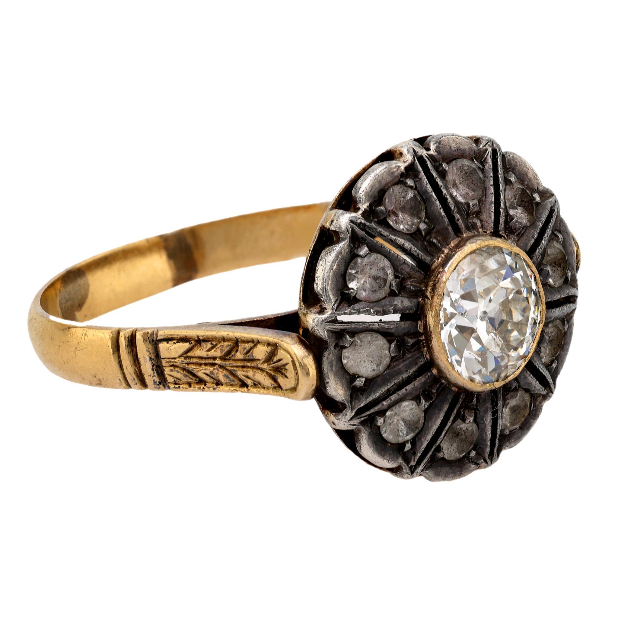 Victorian Antique diamond 18k yellow gold and silver cluster ring