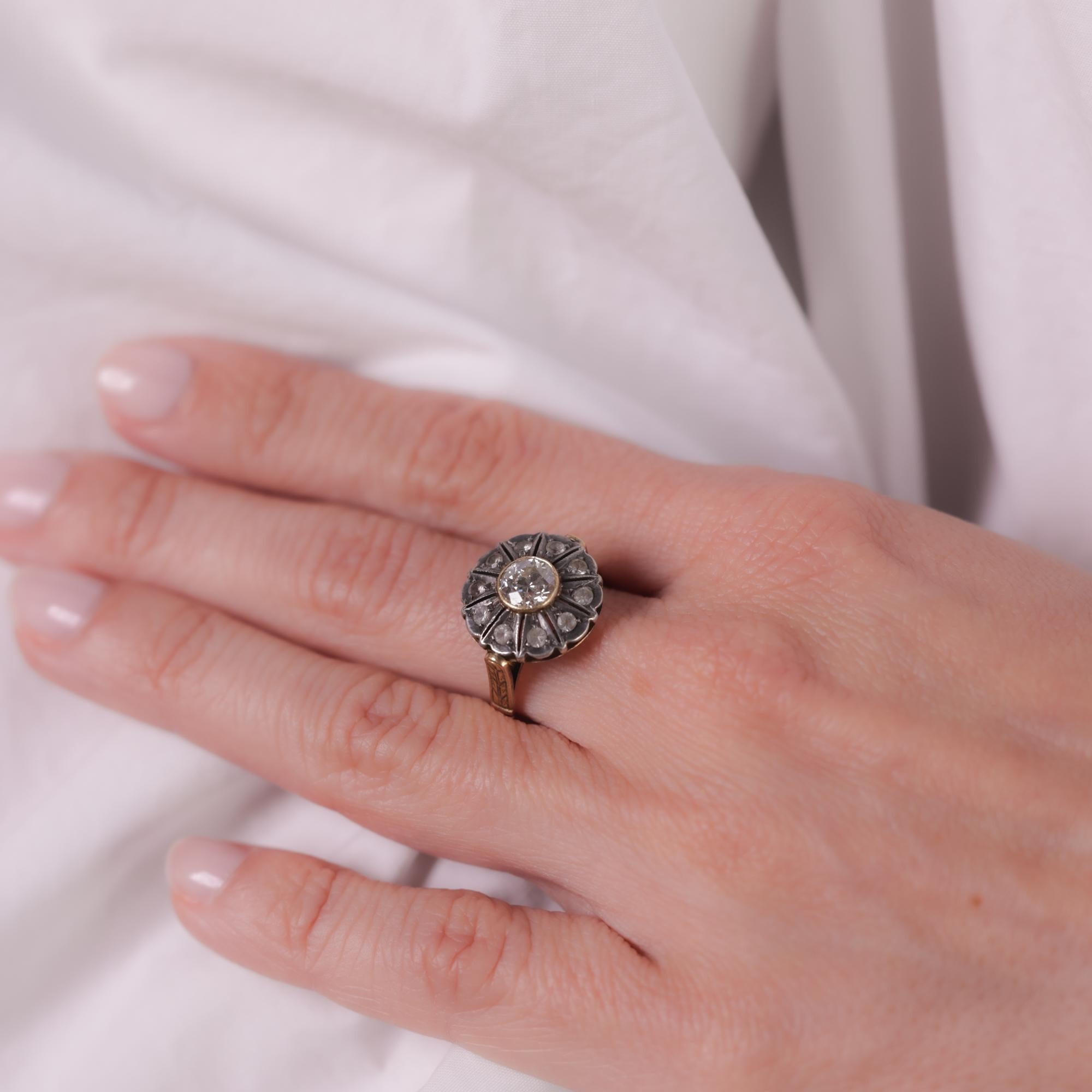 Old European Cut Antique diamond 18k yellow gold and silver cluster ring