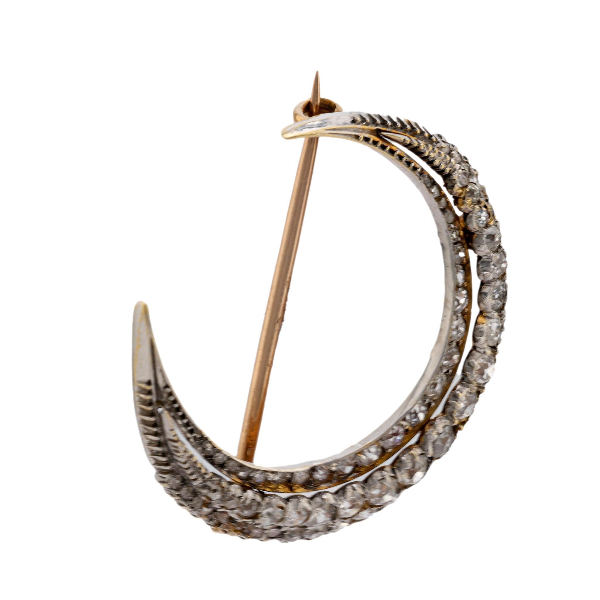 Victorian Antique diamond 18k yellow gold and silver crescent brooch