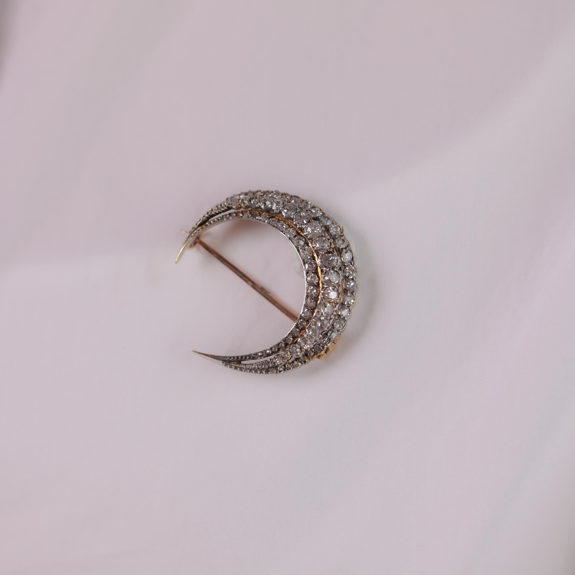 Old European Cut Antique diamond 18k yellow gold and silver crescent brooch