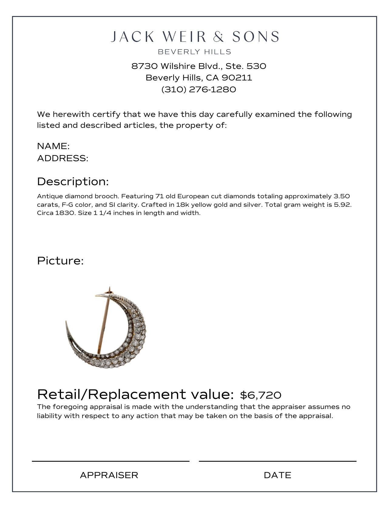 Antique diamond 18k yellow gold and silver crescent brooch In Excellent Condition In Beverly Hills, CA