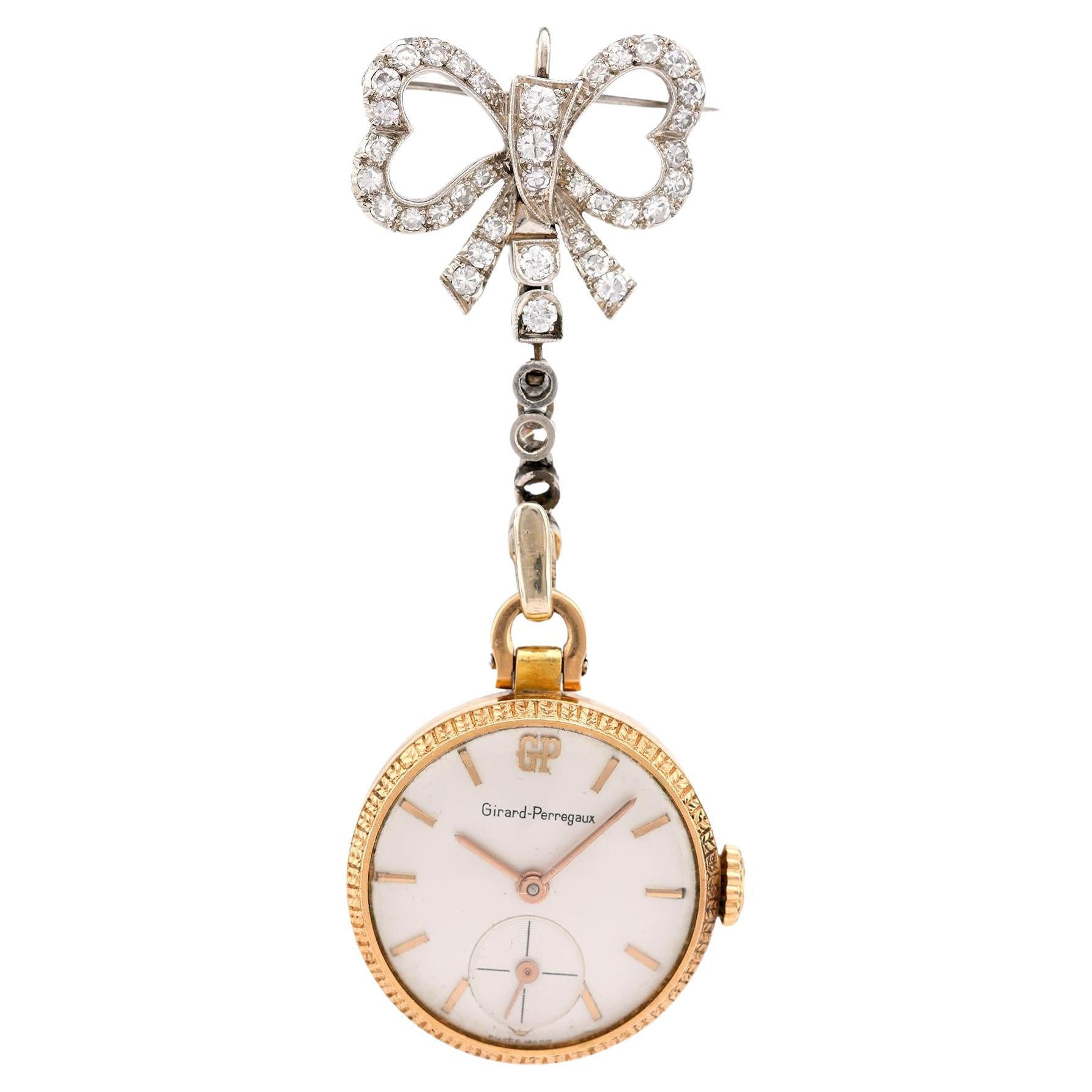 Antique Diamond 18K Yellow Gold Platinum Enamel Bow Locket Pendant Watch