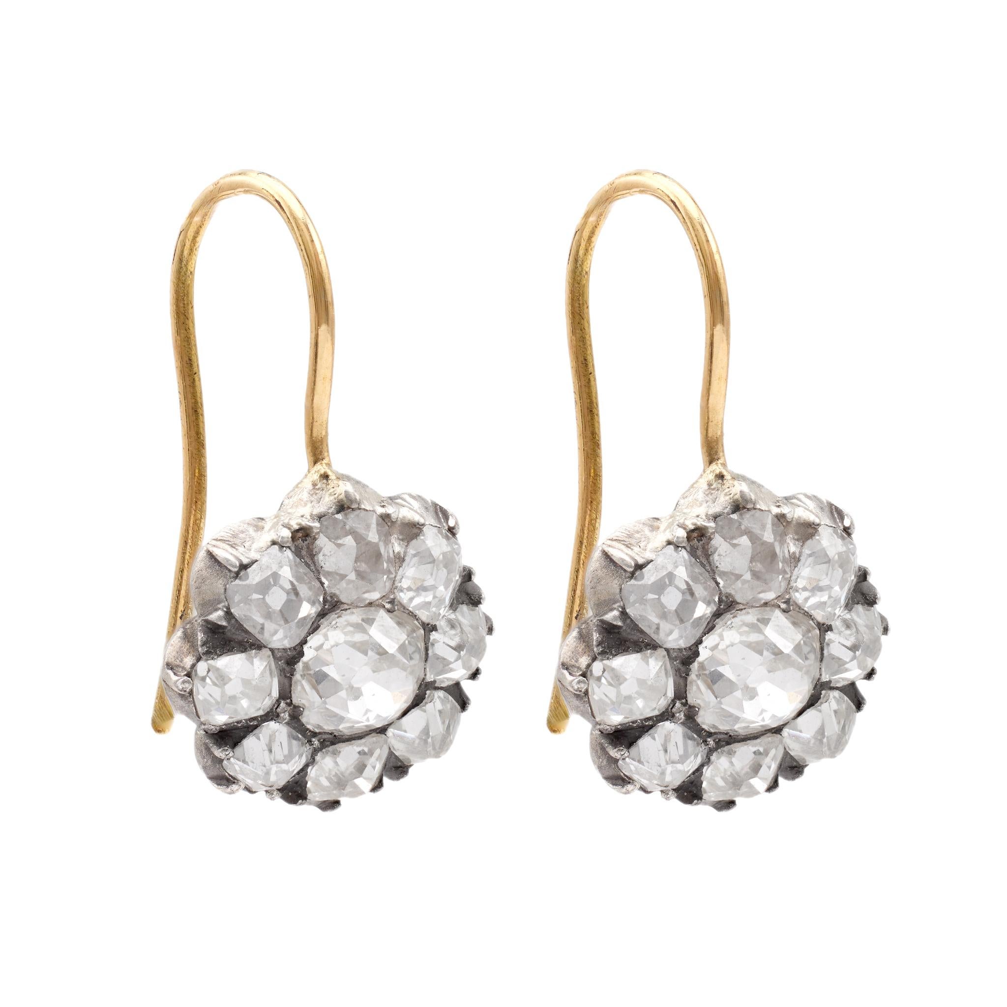 Women's or Men's Antique Diamond 18k Yellow Gold Silver Cluster Earrings