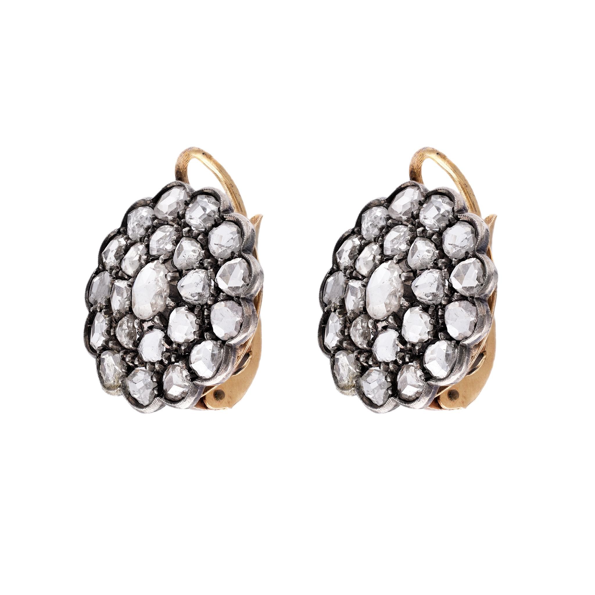 Women's or Men's Antique Diamond 18k Yellow Gold Silver Cluster Earrings For Sale