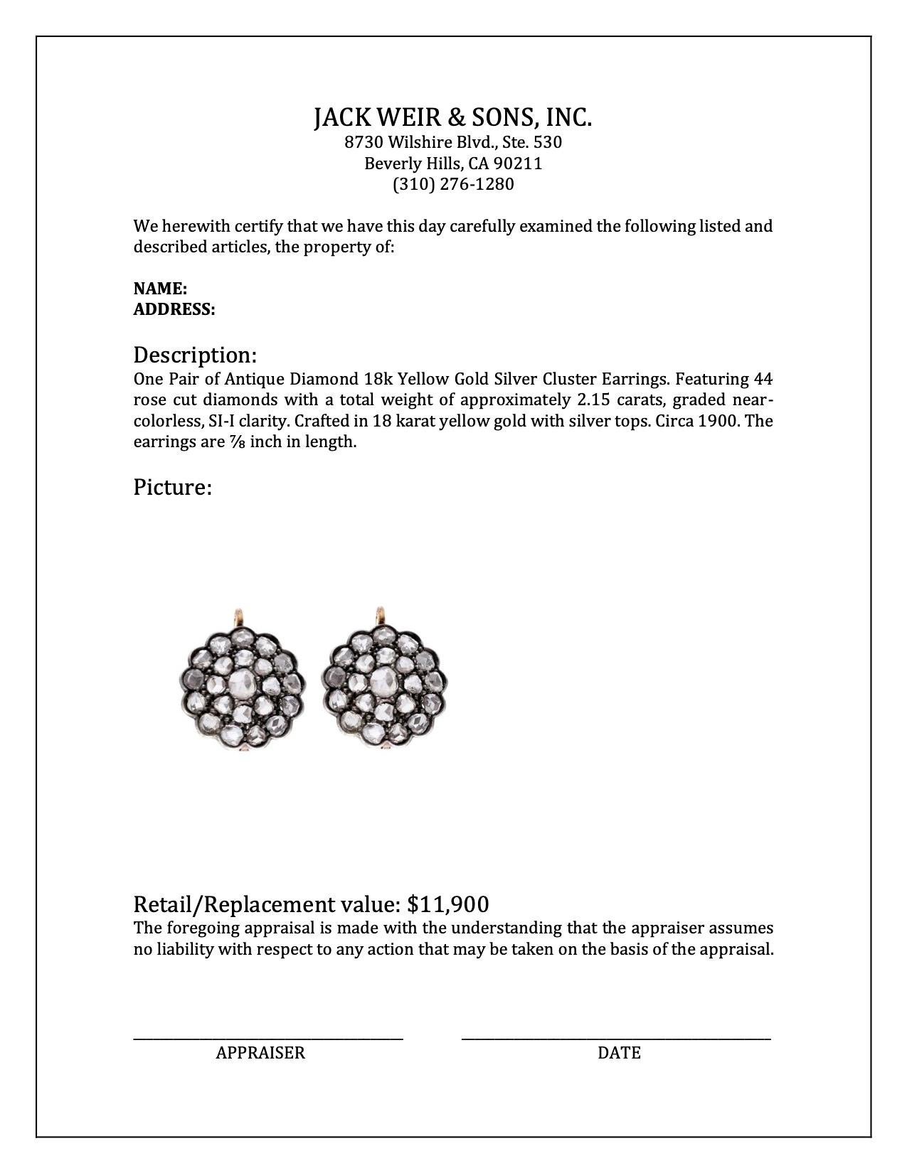 Antike Diamant-Cluster-Ohrringe aus 18 Karat Gelbgold und Silber im Angebot 1