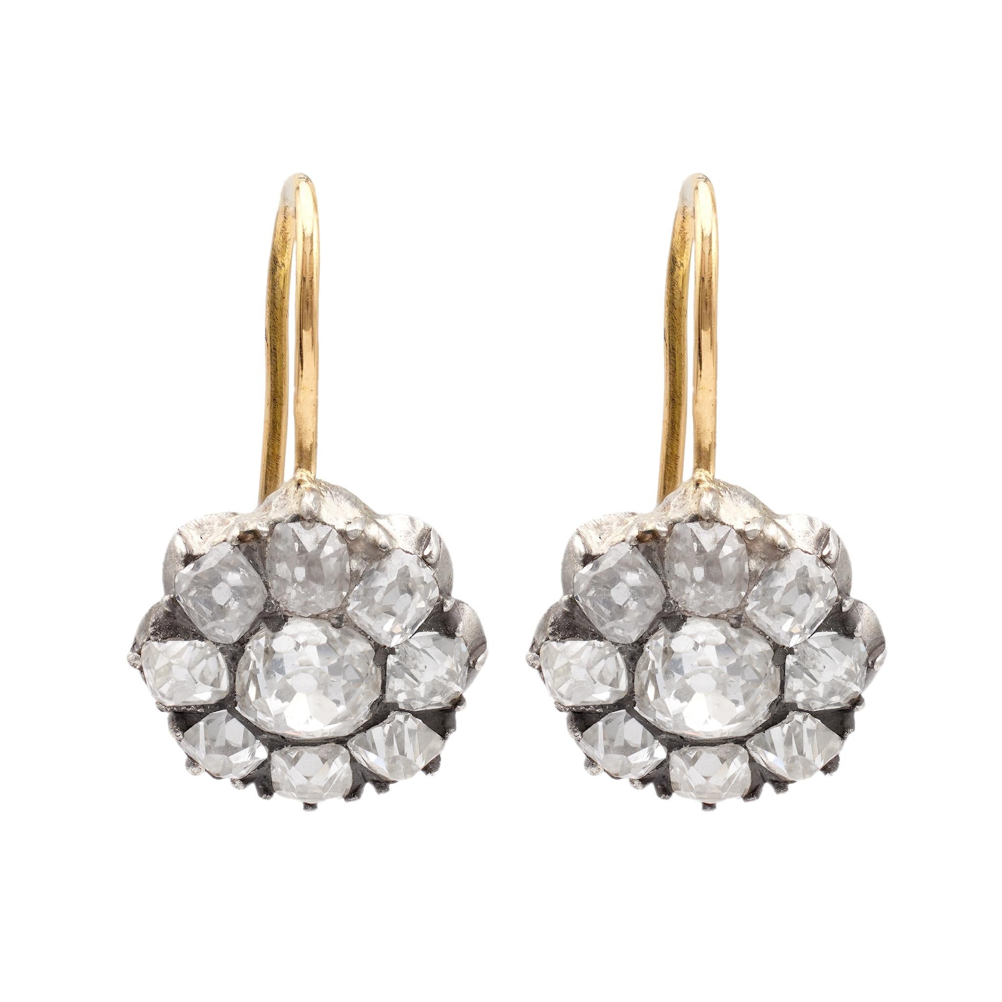 Antique Diamond 18k Yellow Gold Silver Cluster Earrings