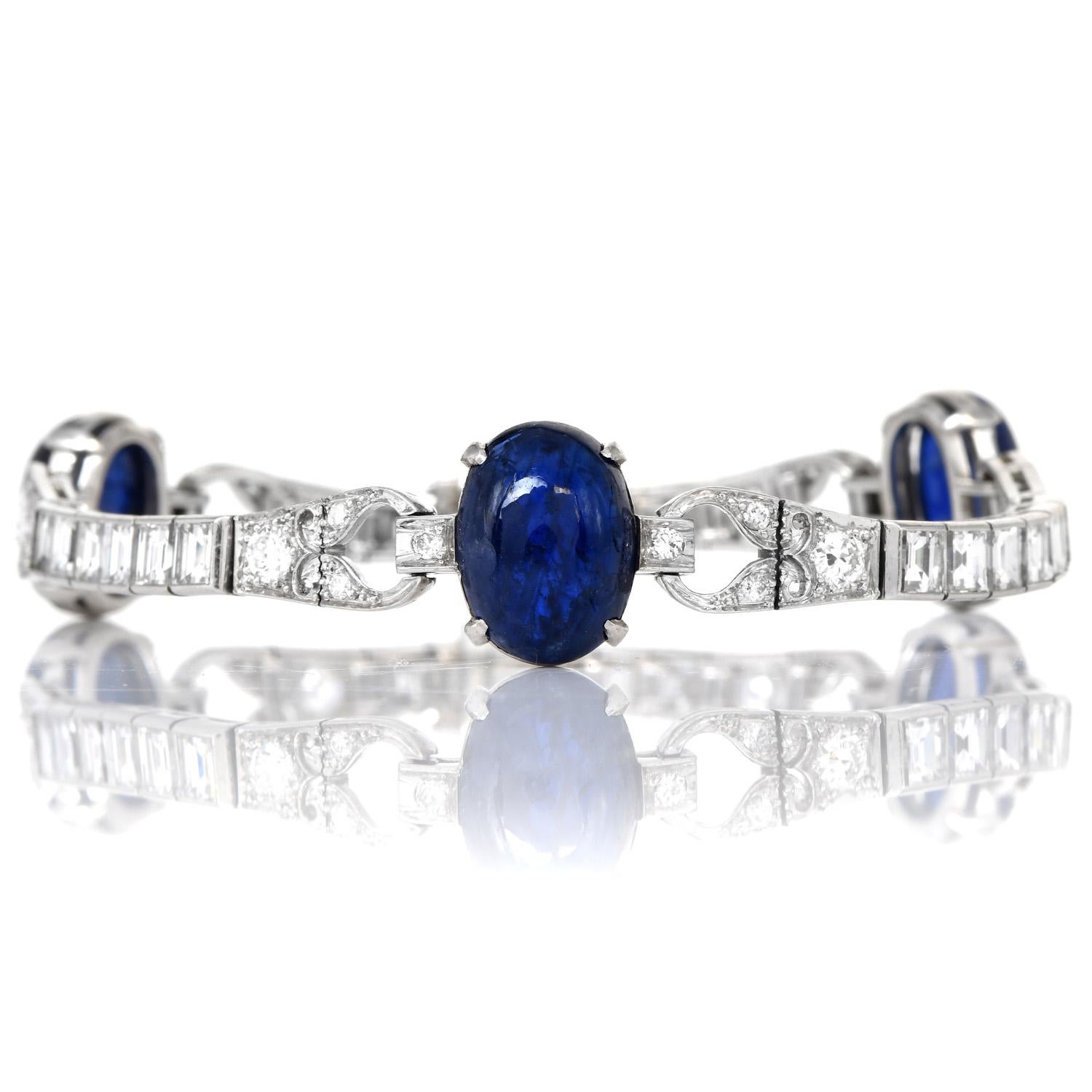 Art Deco Antique Diamond 28.90cts Blue Sapphire Platinum Geometric Link Bracelet For Sale