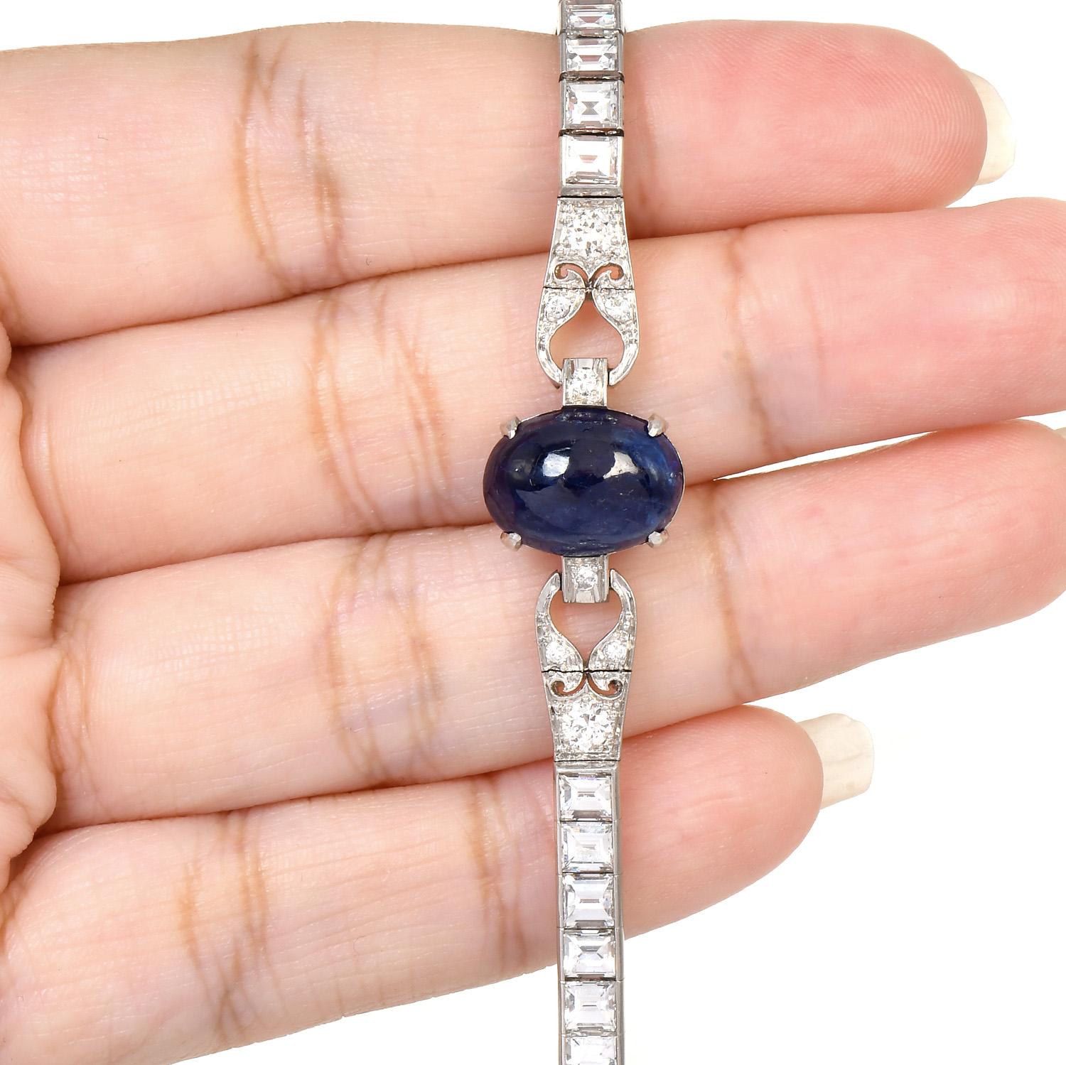 Women's Antique Diamond 28.90cts Blue Sapphire Platinum Geometric Link Bracelet For Sale