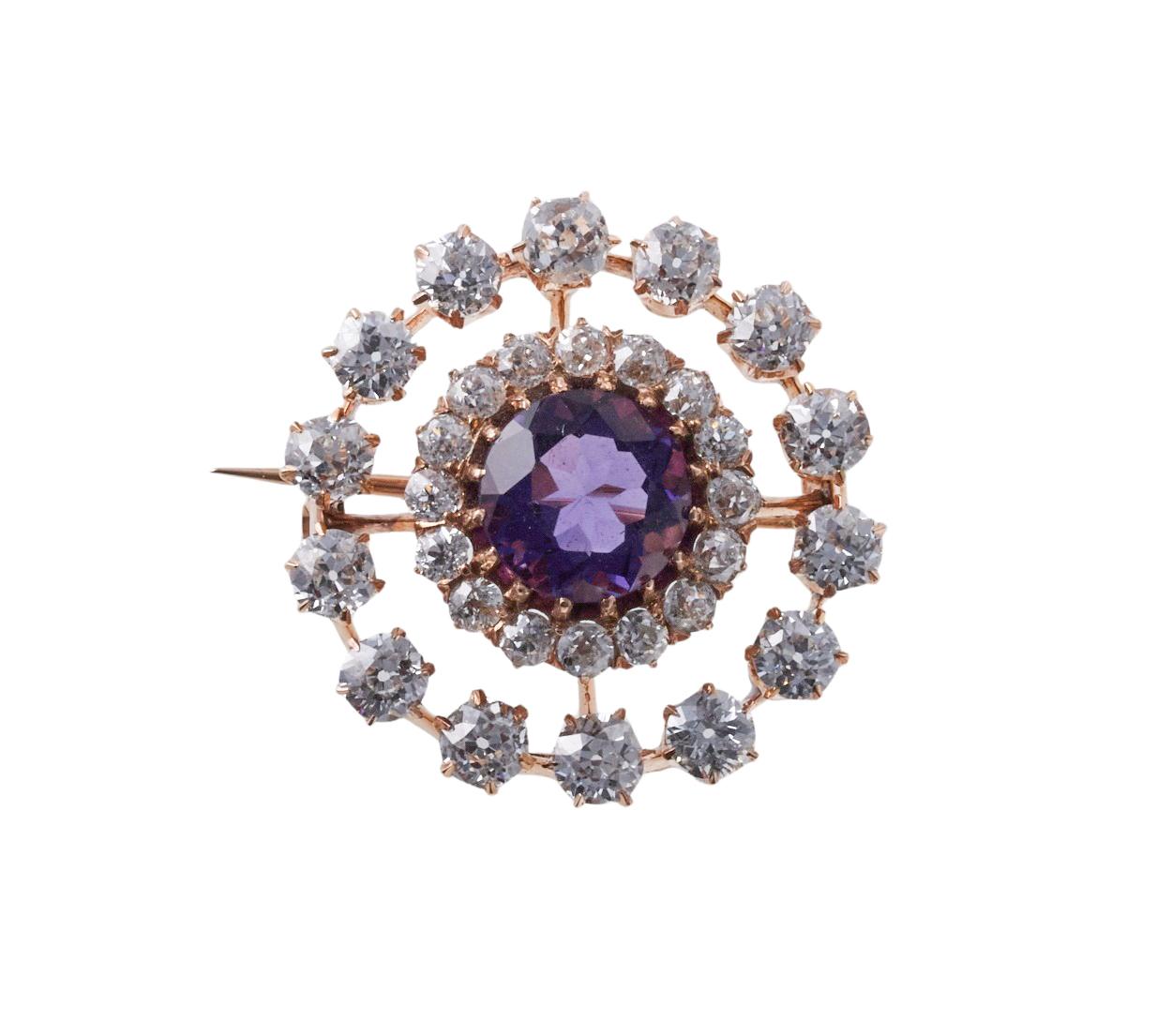 Round Cut Antique Diamond Amethyst Gold Brooch Pin For Sale