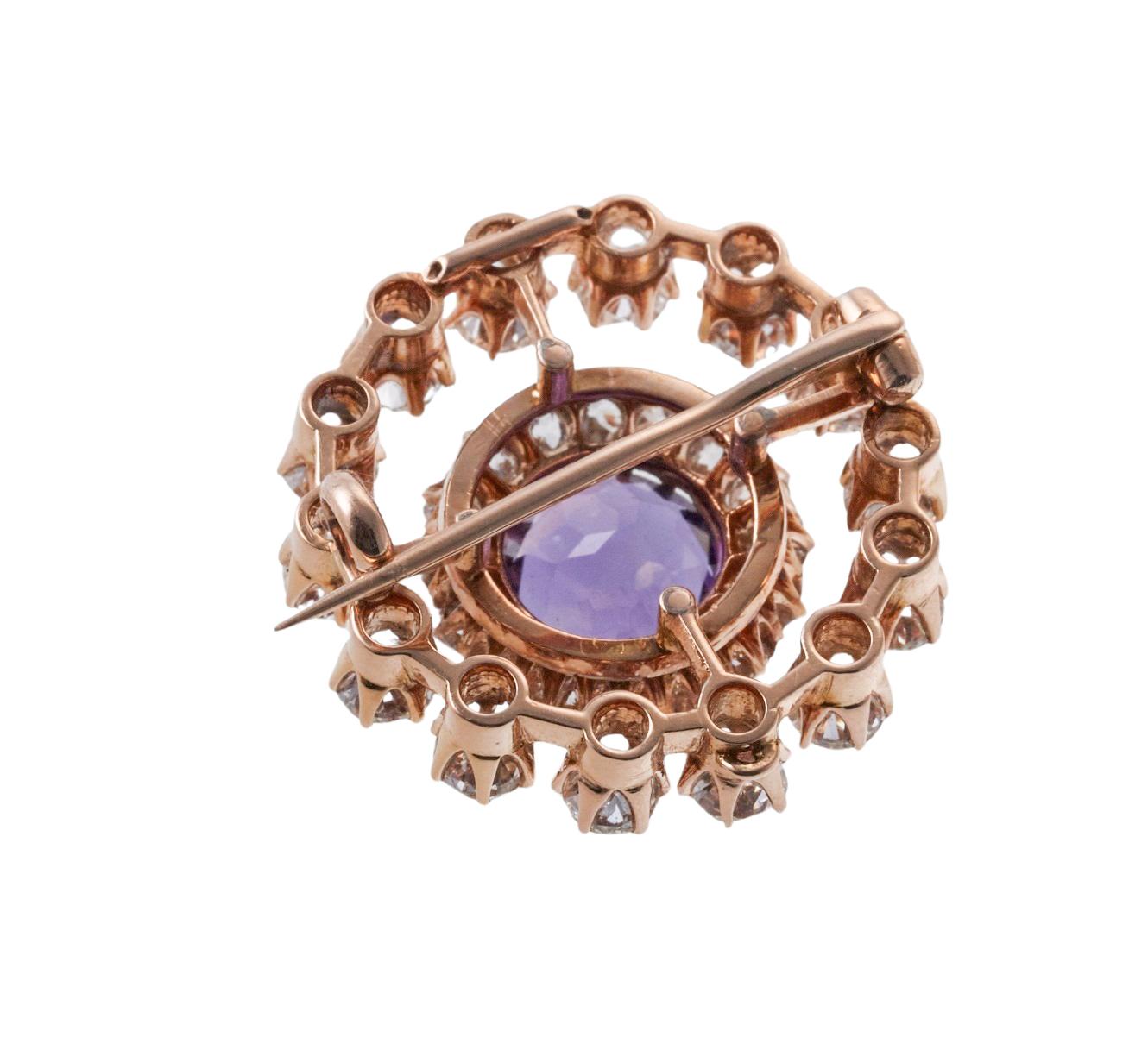 Antique Diamond Amethyst Gold Brooch Pin In Excellent Condition For Sale In New York, NY
