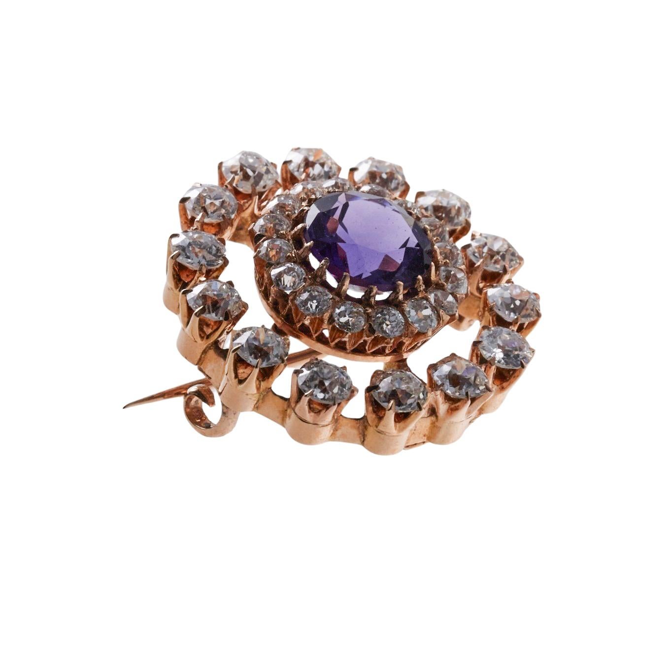 Antique Diamond Amethyst Gold Brooch Pin For Sale 1