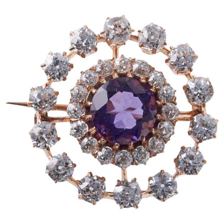 Antique Diamond Amethyst Gold Brooch Pin For Sale at 1stDibs