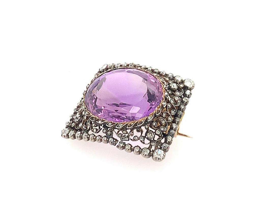 Round Cut Antique Diamond Amethyst Pin For Sale
