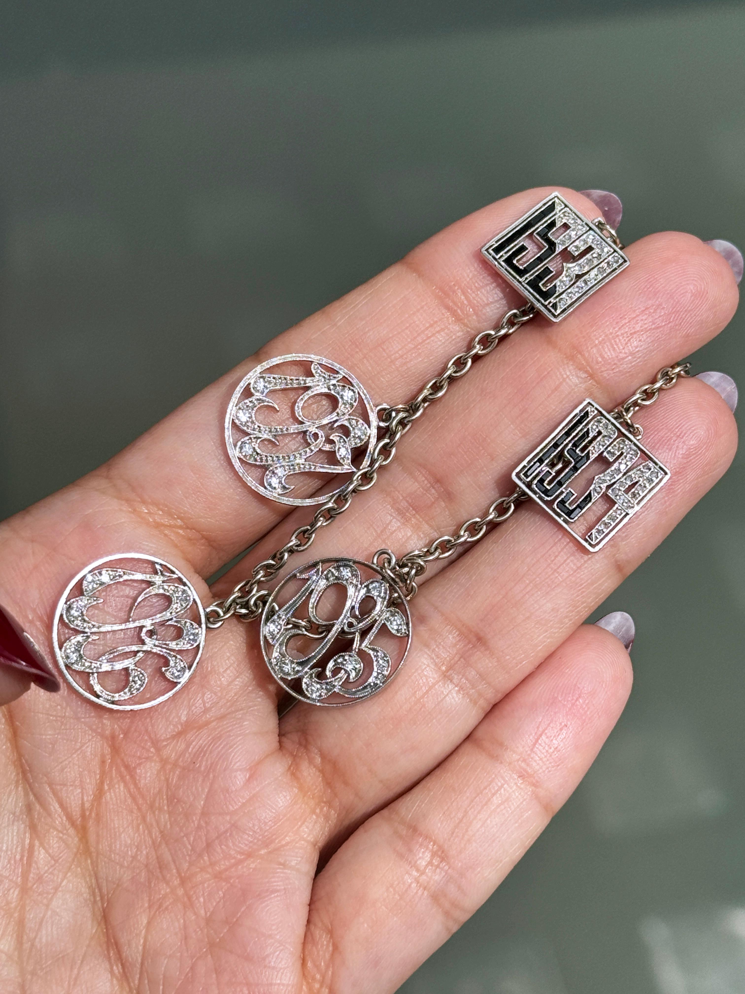 Brilliant Cut Antique Diamond and 14 Carat White Gold and Platinum Multi Charm Bracelet For Sale