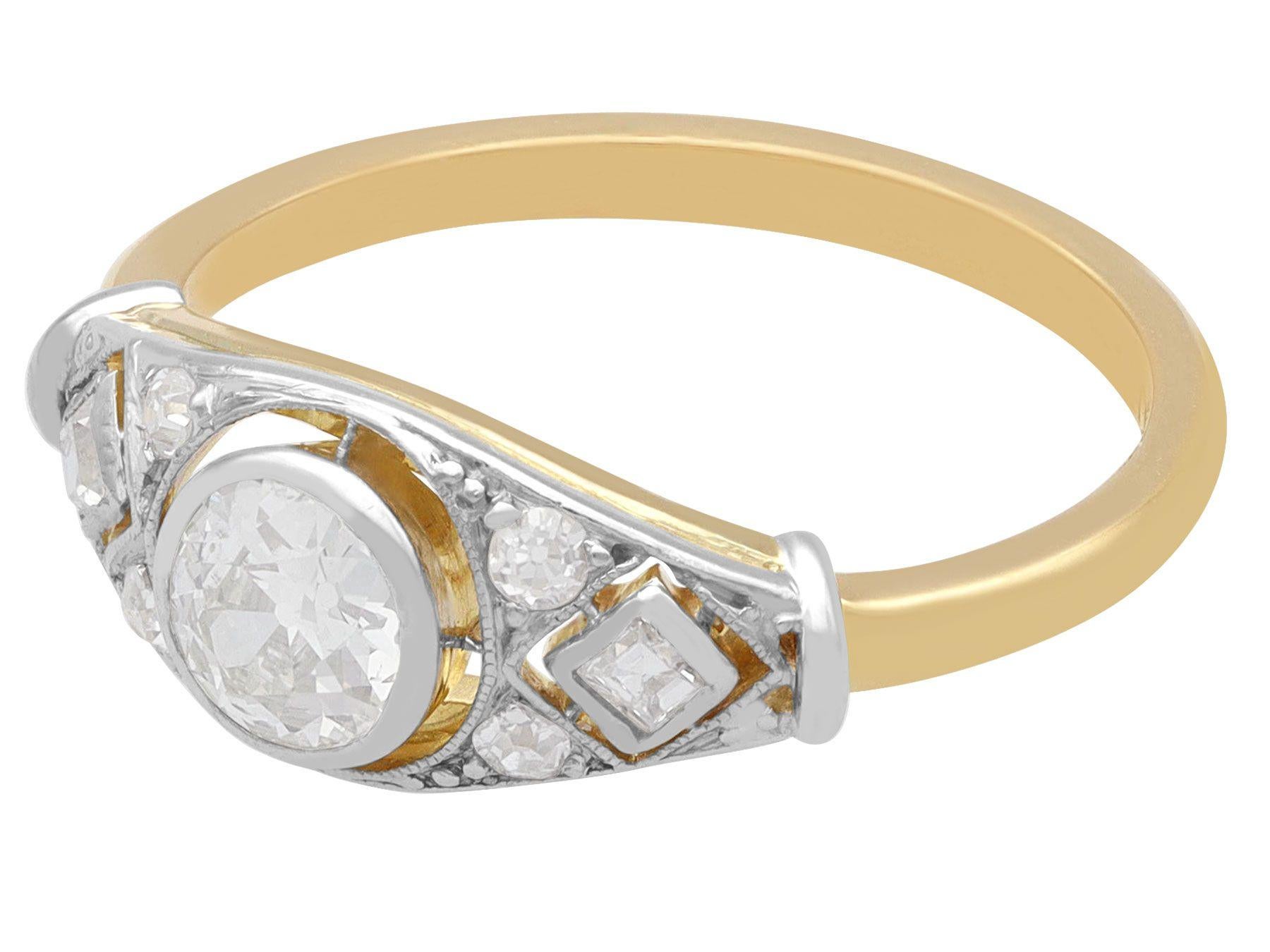 Round Cut Antique 0.83 Carat Diamond and 18k Yellow Gold Solitaire Ring, Circa 1920s For Sale