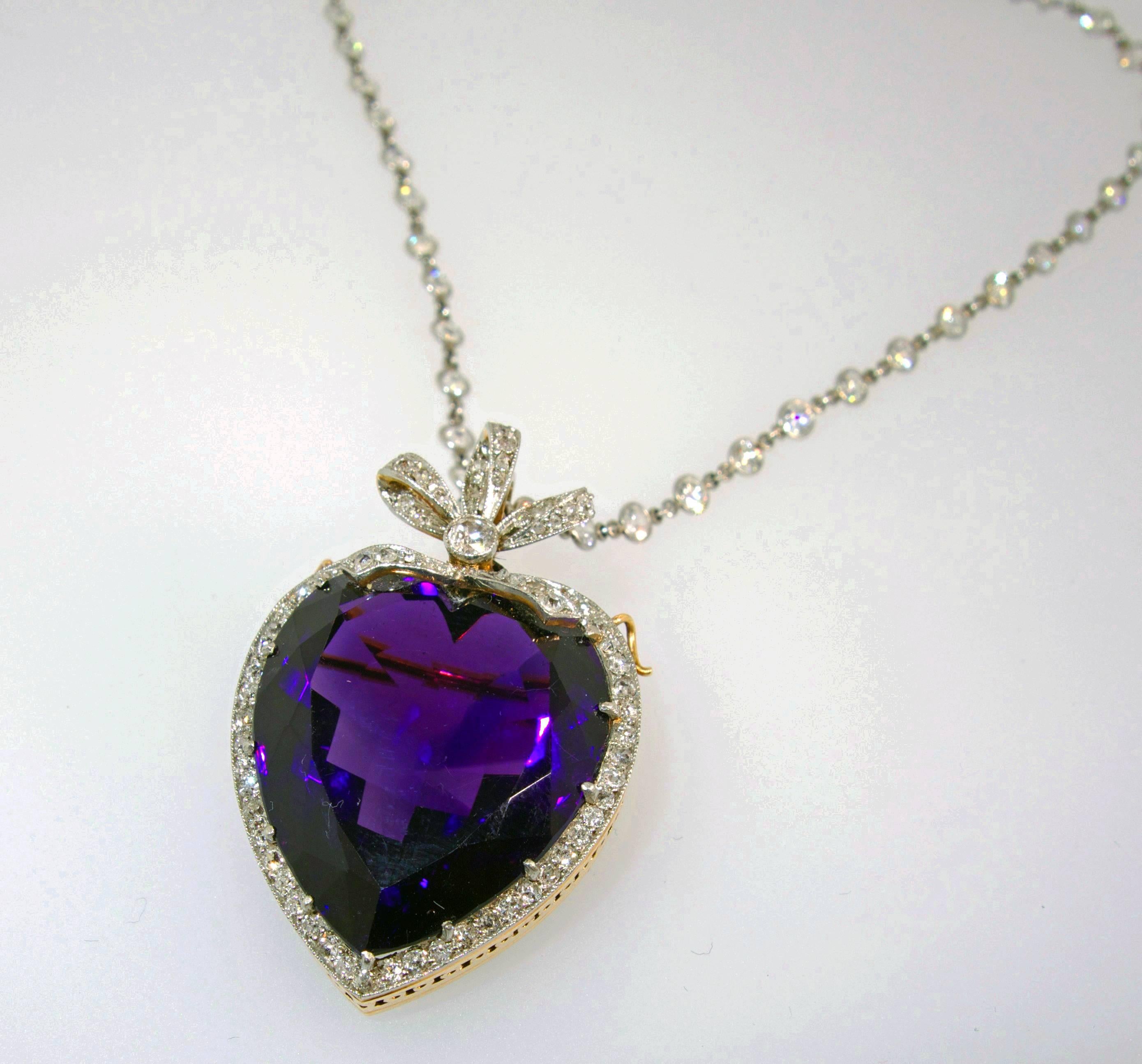 Antique Diamond and Amethyst Heart Pendant Brooch In Excellent Condition In Aspen, CO