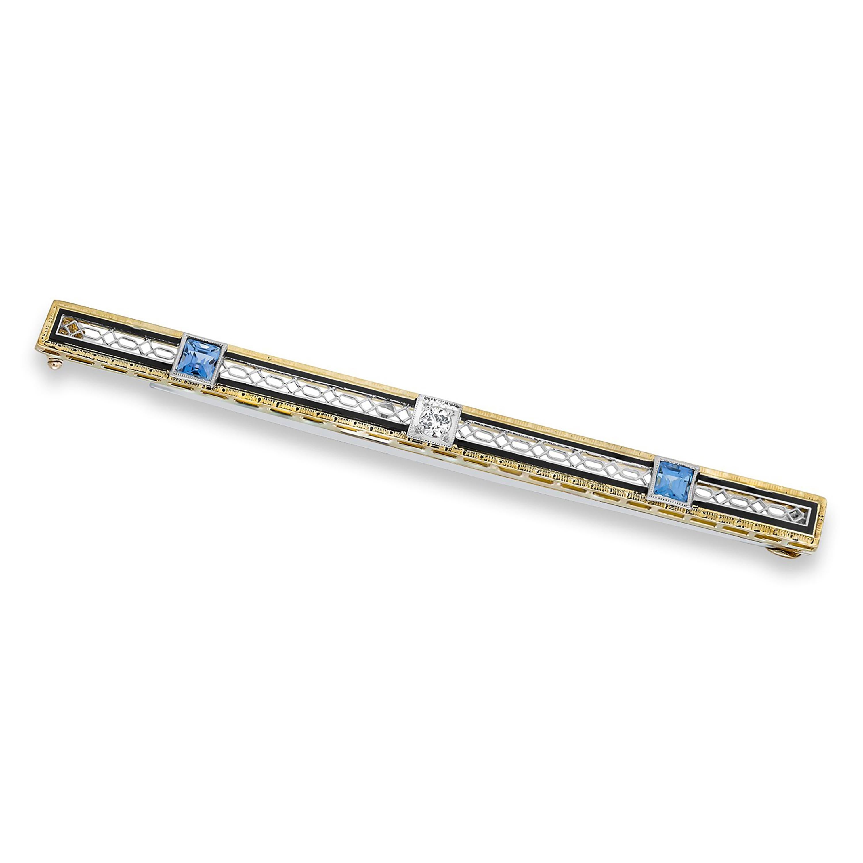 Art Deco Antique Diamond and Blue Stones Fourteen Karat Gold Bar Pin Brooch