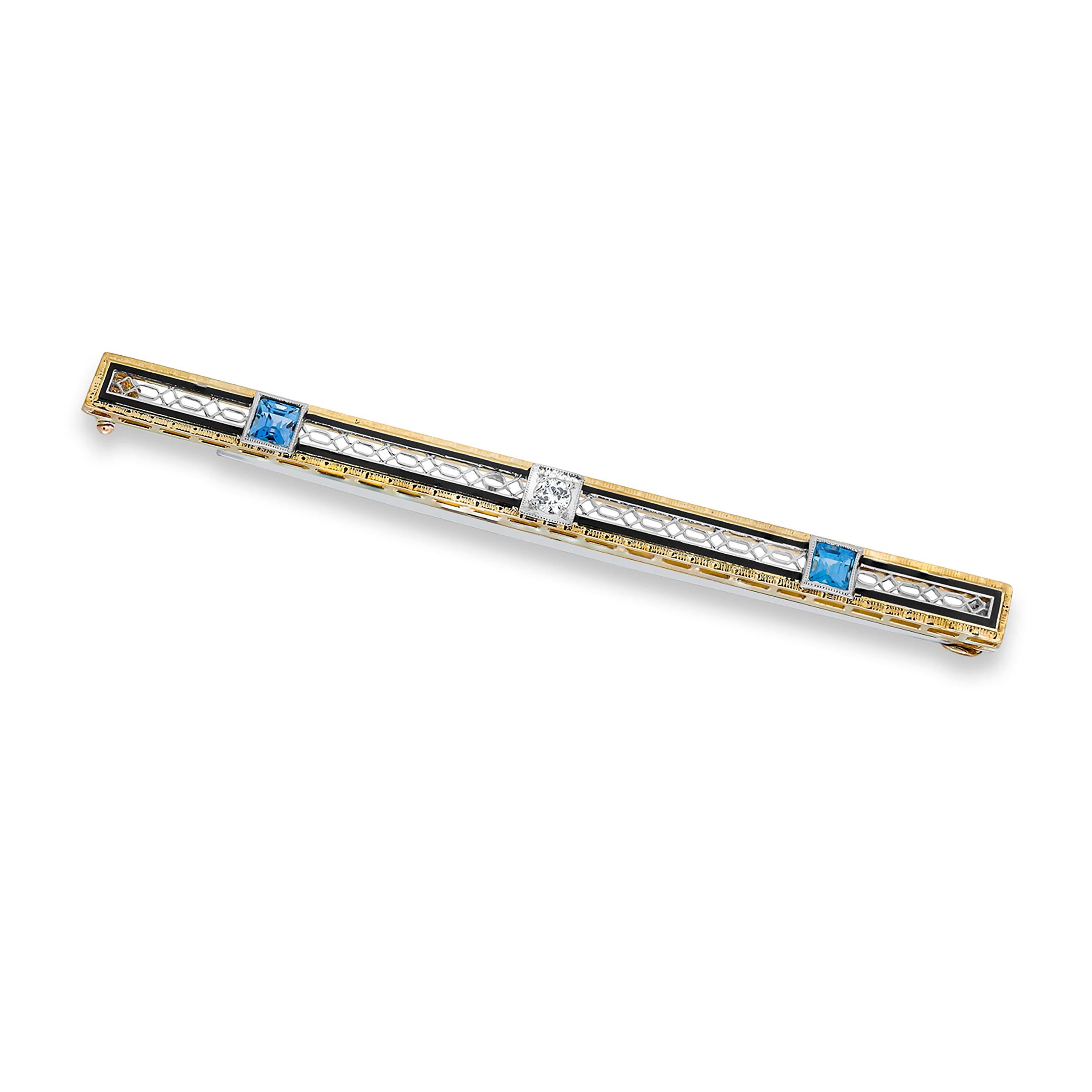 Antique Diamond and Blue Stones Fourteen Karat Gold Bar Pin Brooch In Good Condition In New York, NY
