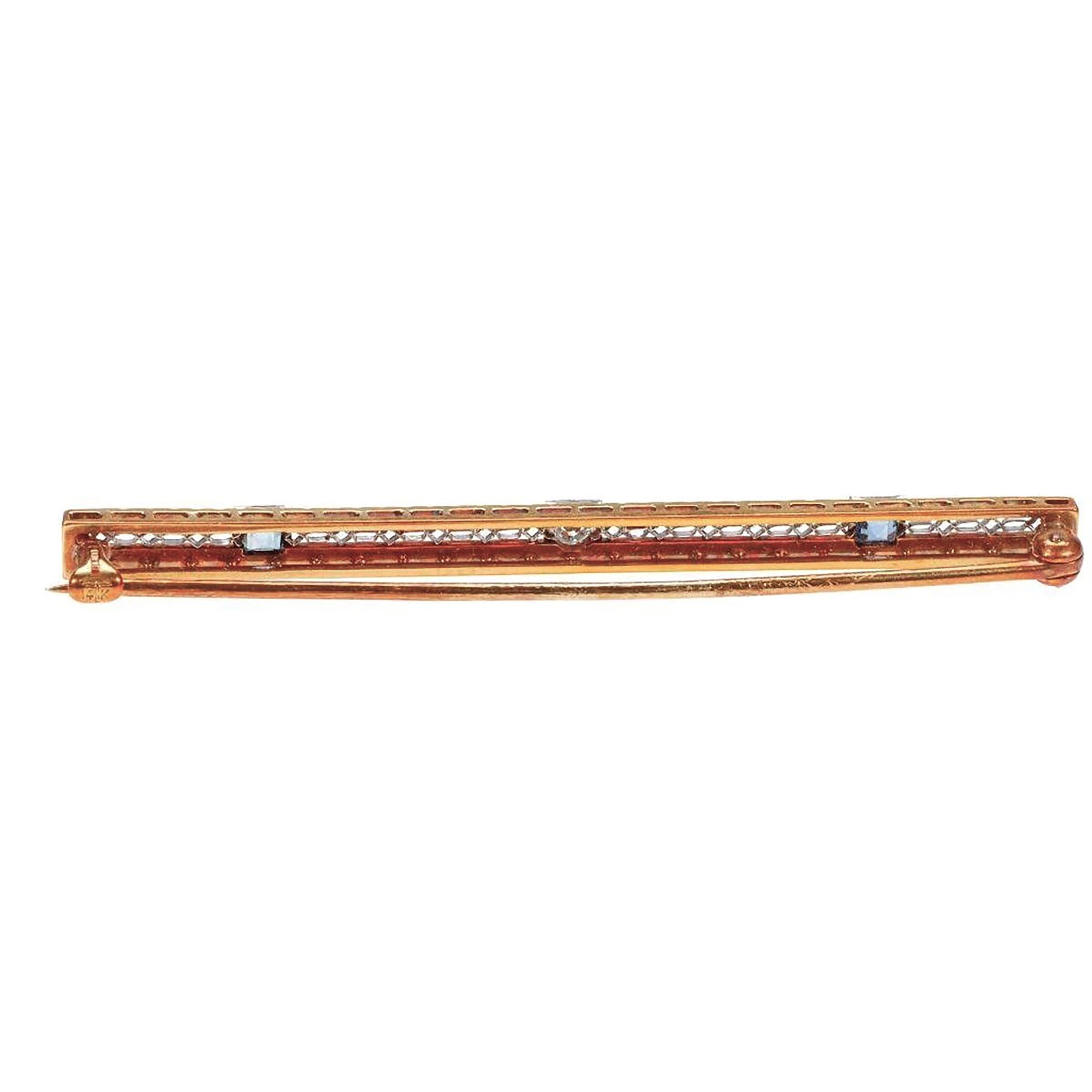 Women's or Men's Antique Diamond and Blue Stones Fourteen Karat Gold Bar Pin Brooch