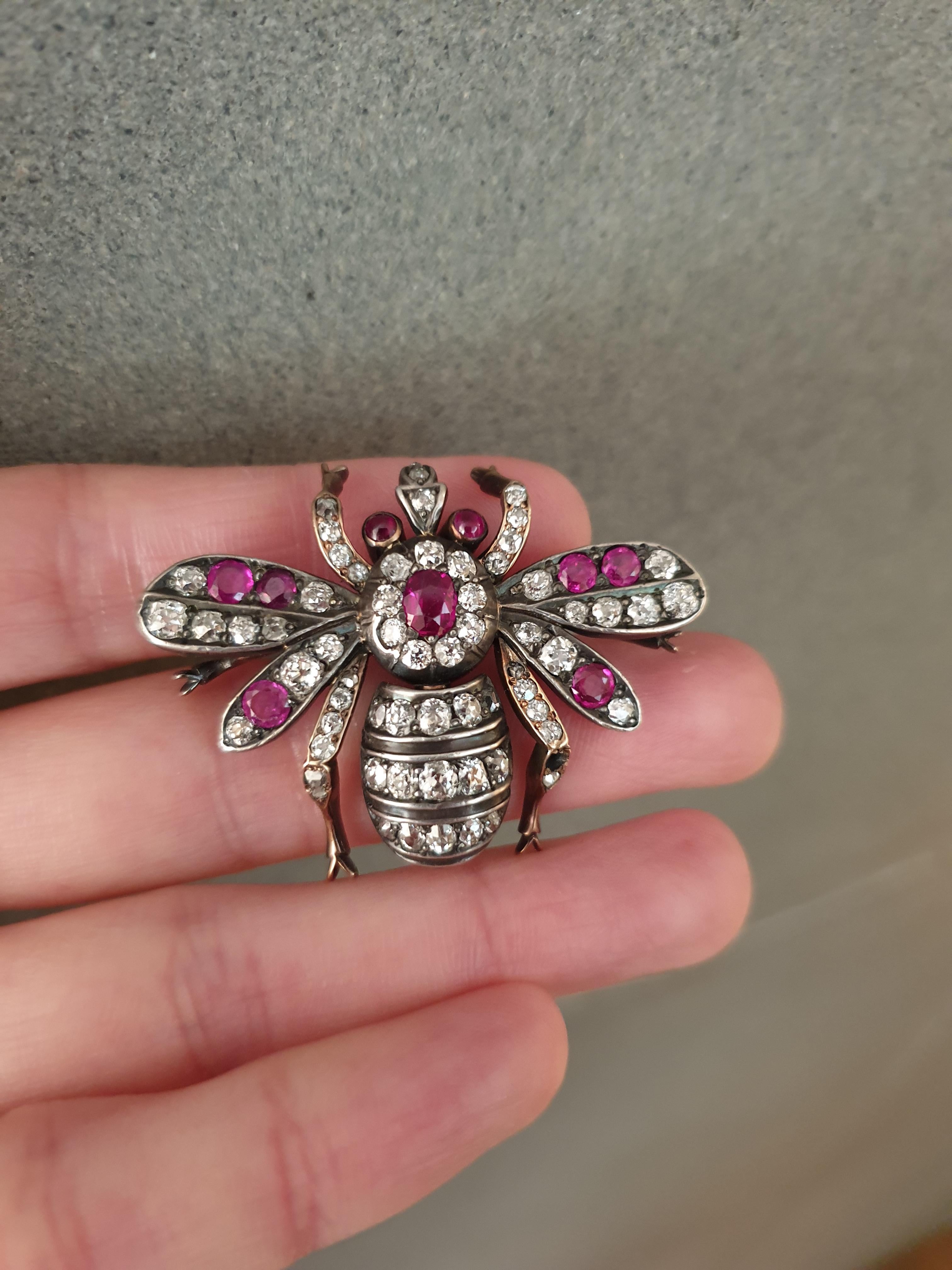 Victorian Late 19th Century Gold Silver Diamond Burma Red Ruby Bee Insect Brooch For Sale