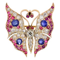 Antique Diamond and Color Stone Butterfly Brooch