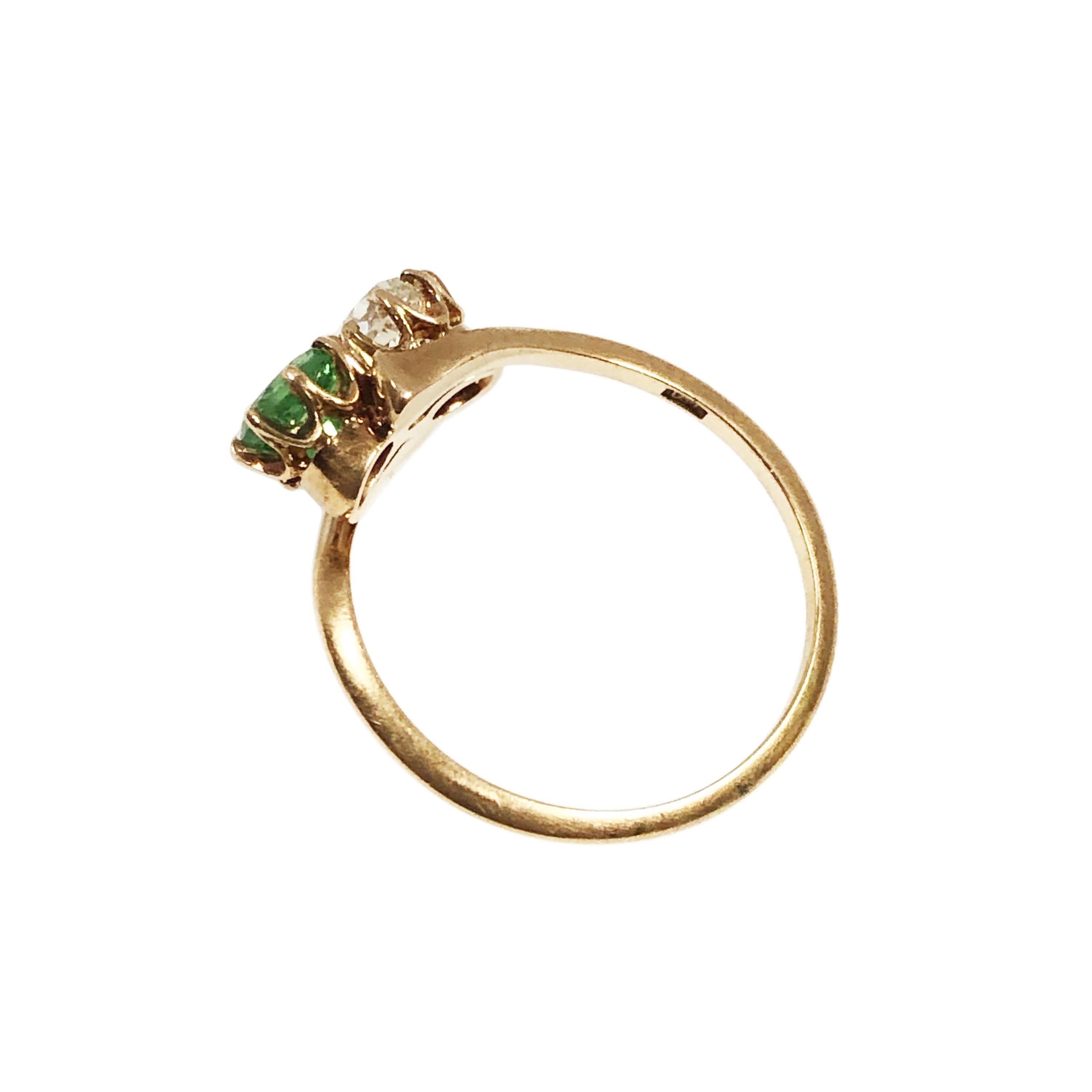 Antique Diamond and Demantoid Garnet Bypass Ring In Excellent Condition In Chicago, IL